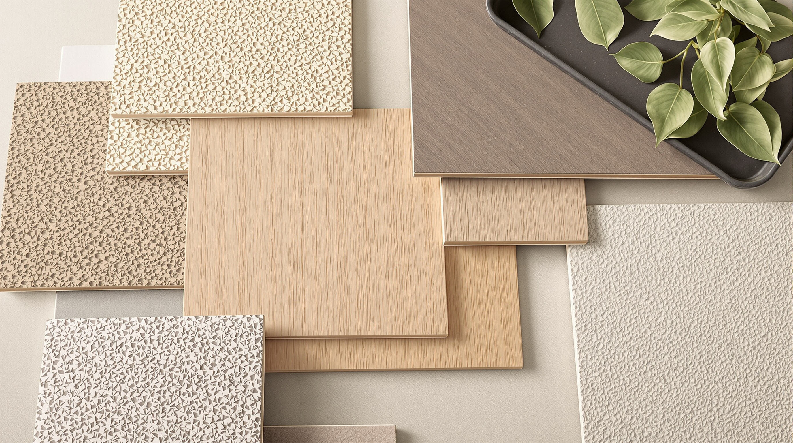 Eco-friendly 3D wall panel samples—bamboo, recycled wood, mineral board, and plant resin—displayed on a neutral tabletop under soft lighting