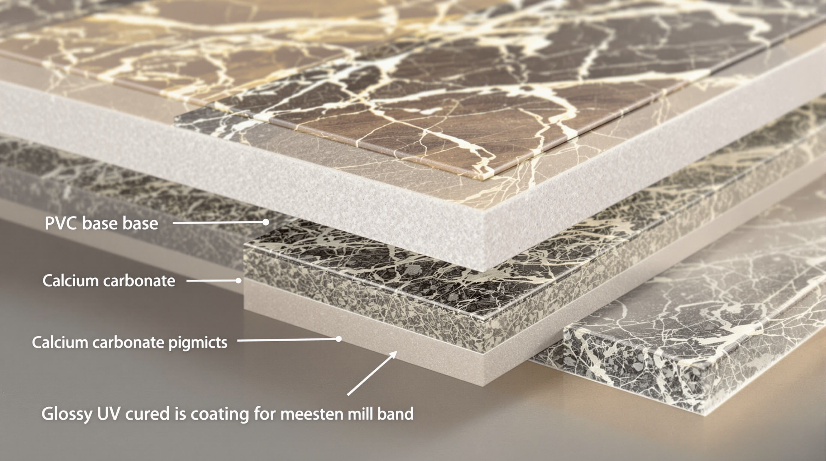 Cross-sectional close-up photo showing the layered structure of a UV marble sheet, highlighting the different material layers and glossy topcoat.