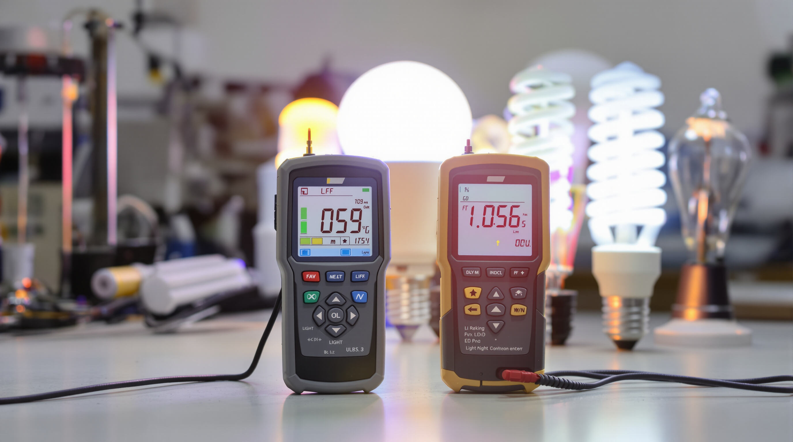 Two light meters comparing measurements of different light sources in a laboratory