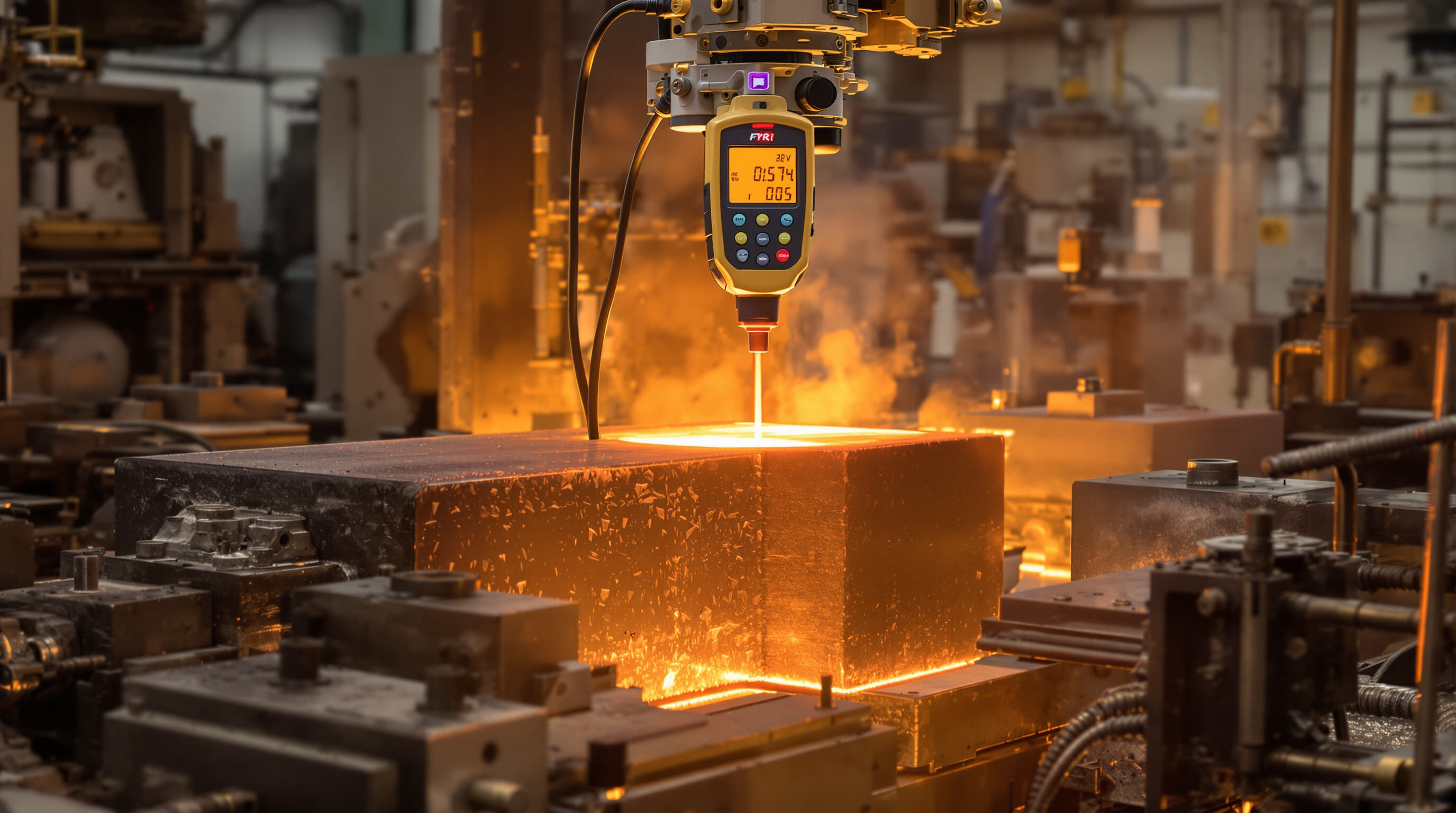A photorealistic scene of a pyrometer monitoring steel forging temperatures, highlighting its role in metals fabrication processes