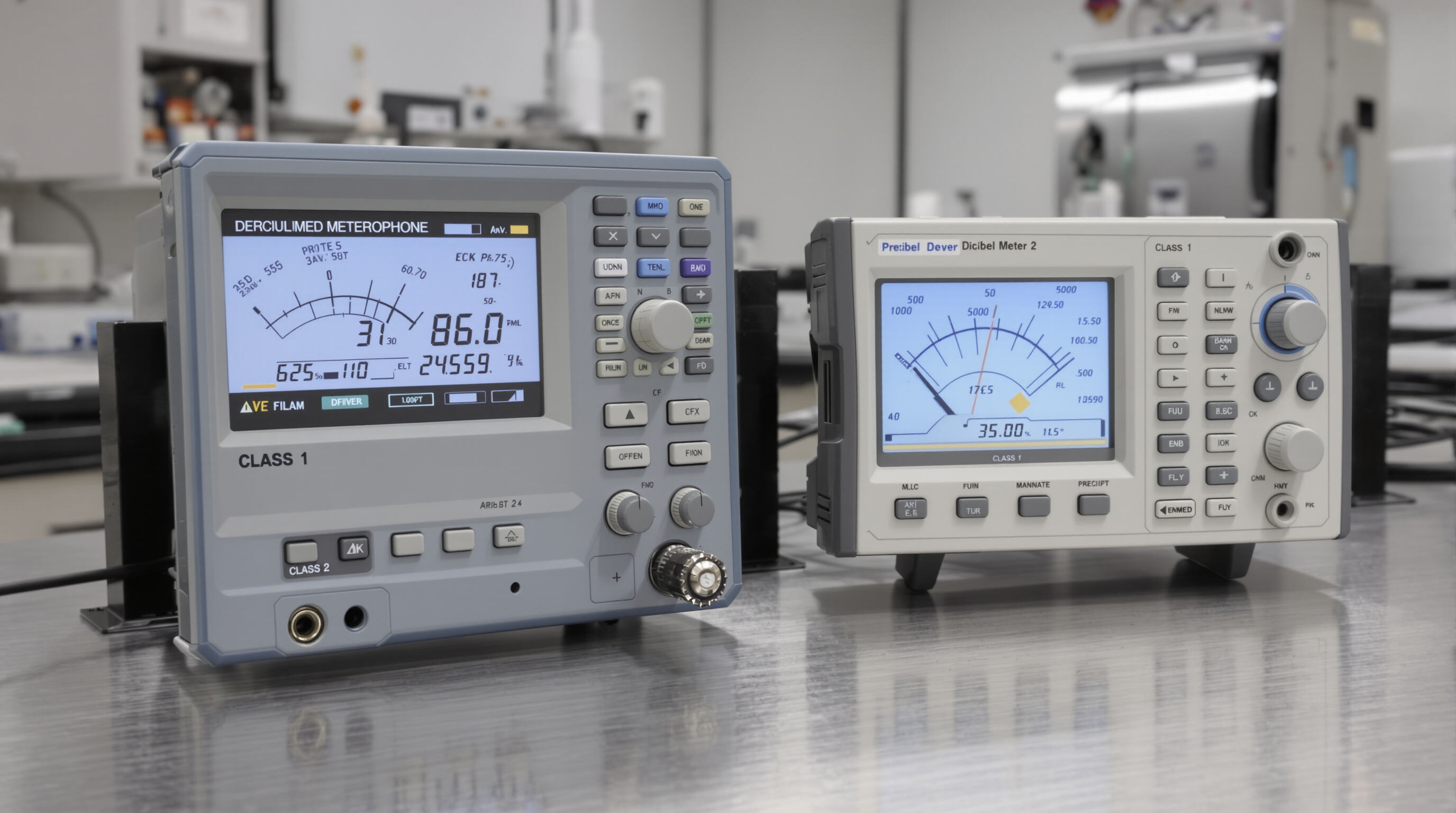 Two decibel meters representing Class 1 and Class 2 models, displayed side by side in a laboratory environment for comparison.