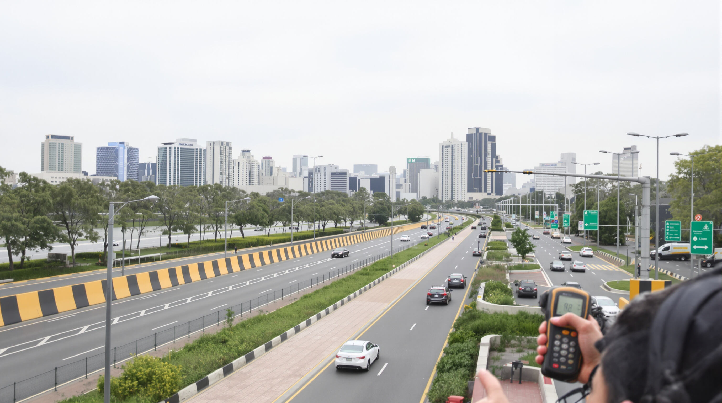 An urban planner measuring noise levels with a decibel meter beside a busy city street with noise barriers and green areas.