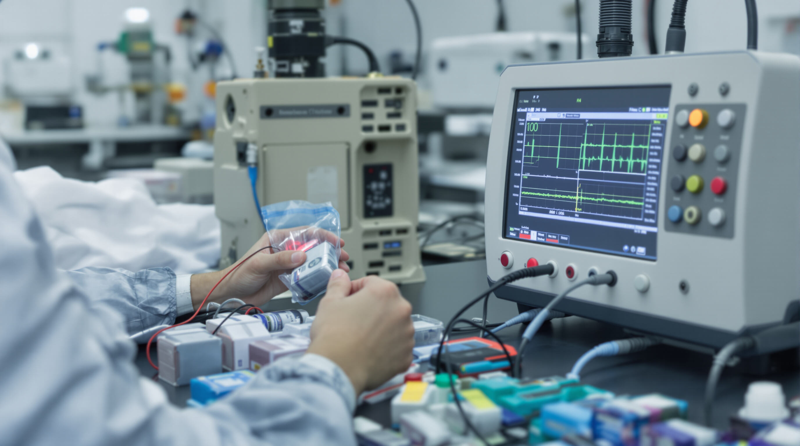 Engineers testing battery cells with cycler and EIS equipment in a modern lab setting
