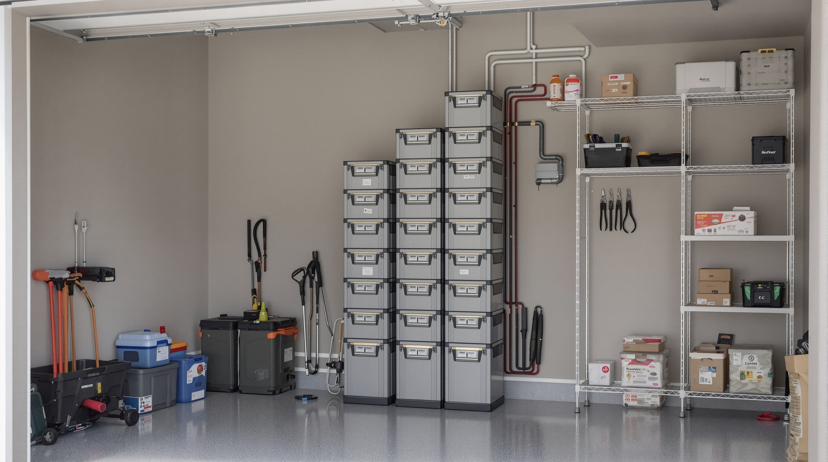 Vertical stack of modular batteries installed in a compact home garage corner
