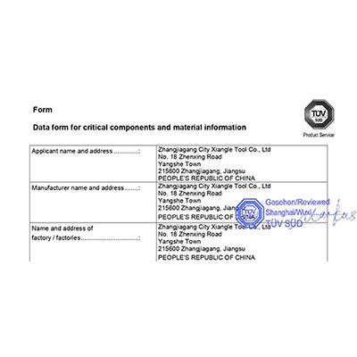 TUV Certification-Data form for critical components and material information