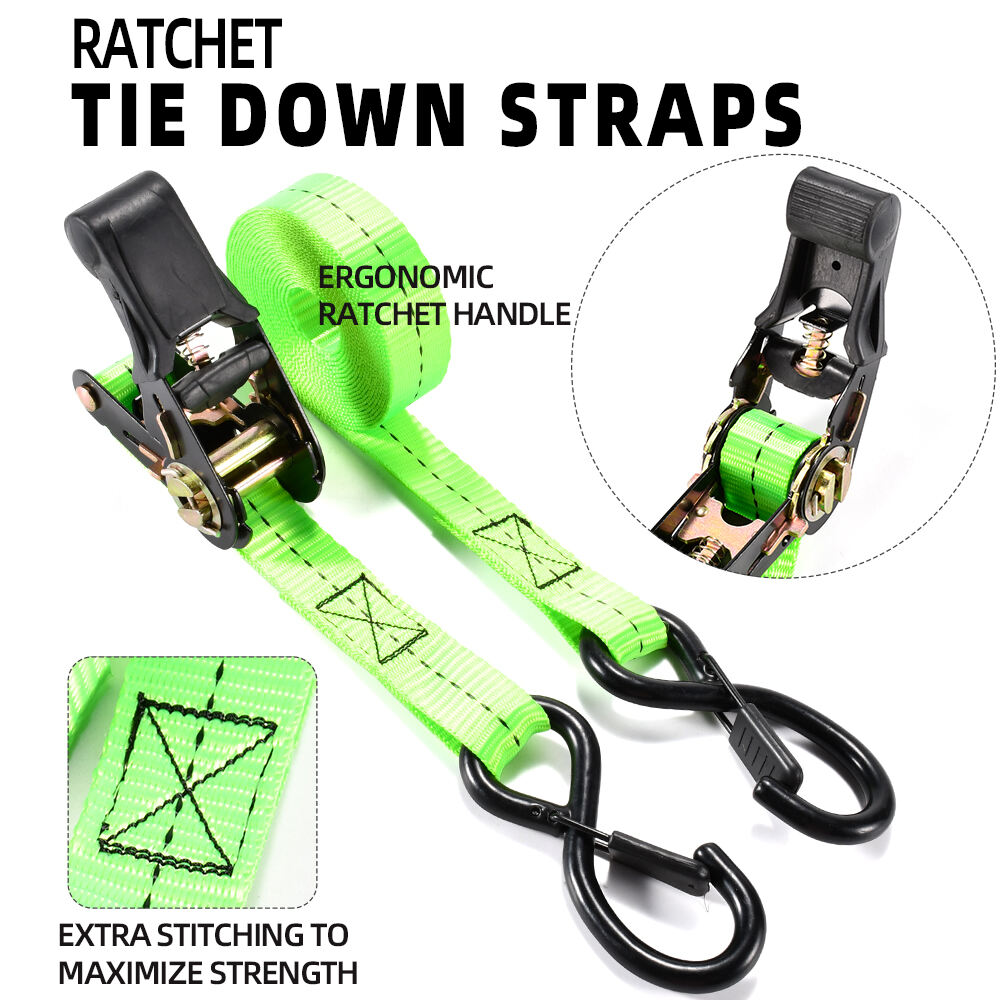 2pk 1'' 800Kg Anti-rust Ratchet Tie Down Strap with Rubber Protected S-Hook supplier