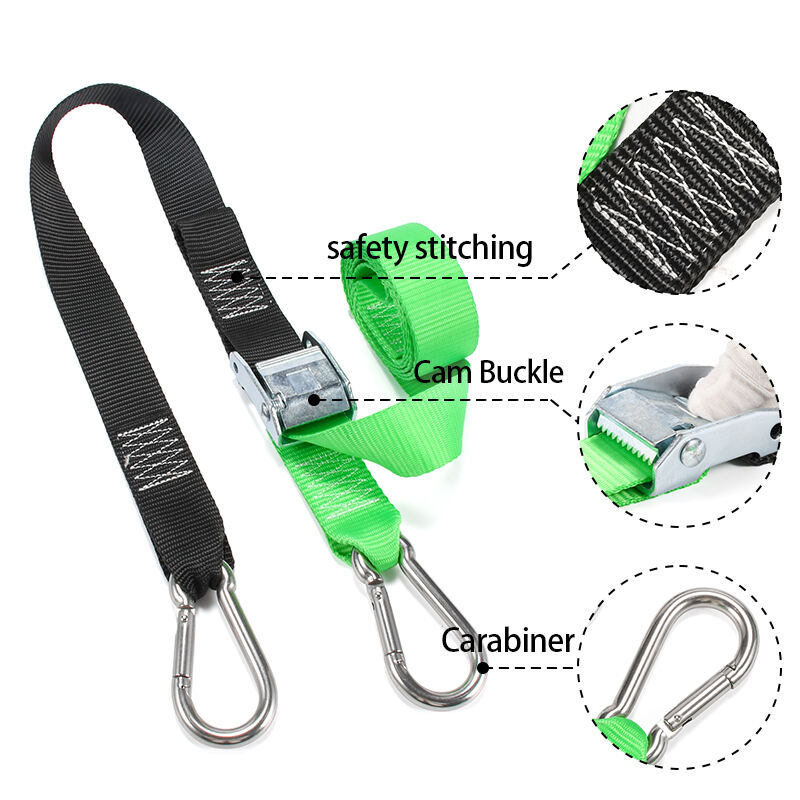 2pk 38mm 8ft 1210Lbs Break Strength Cam Buckle Motorcycle Tie Down Strap with Carabiner factory