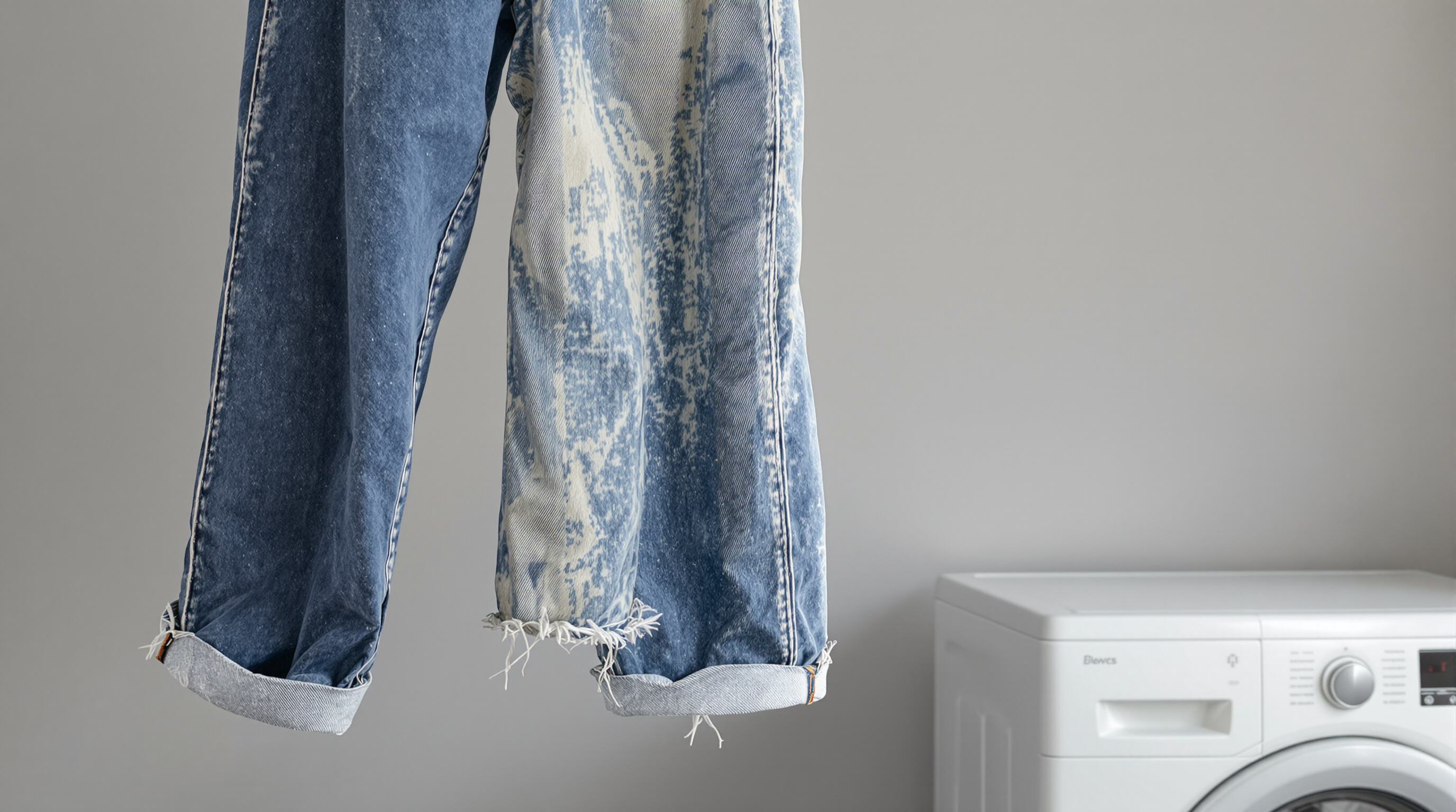 Stretch jeans air-drying next to a washing machine with creases showing wear, illustrating effects of washing and care