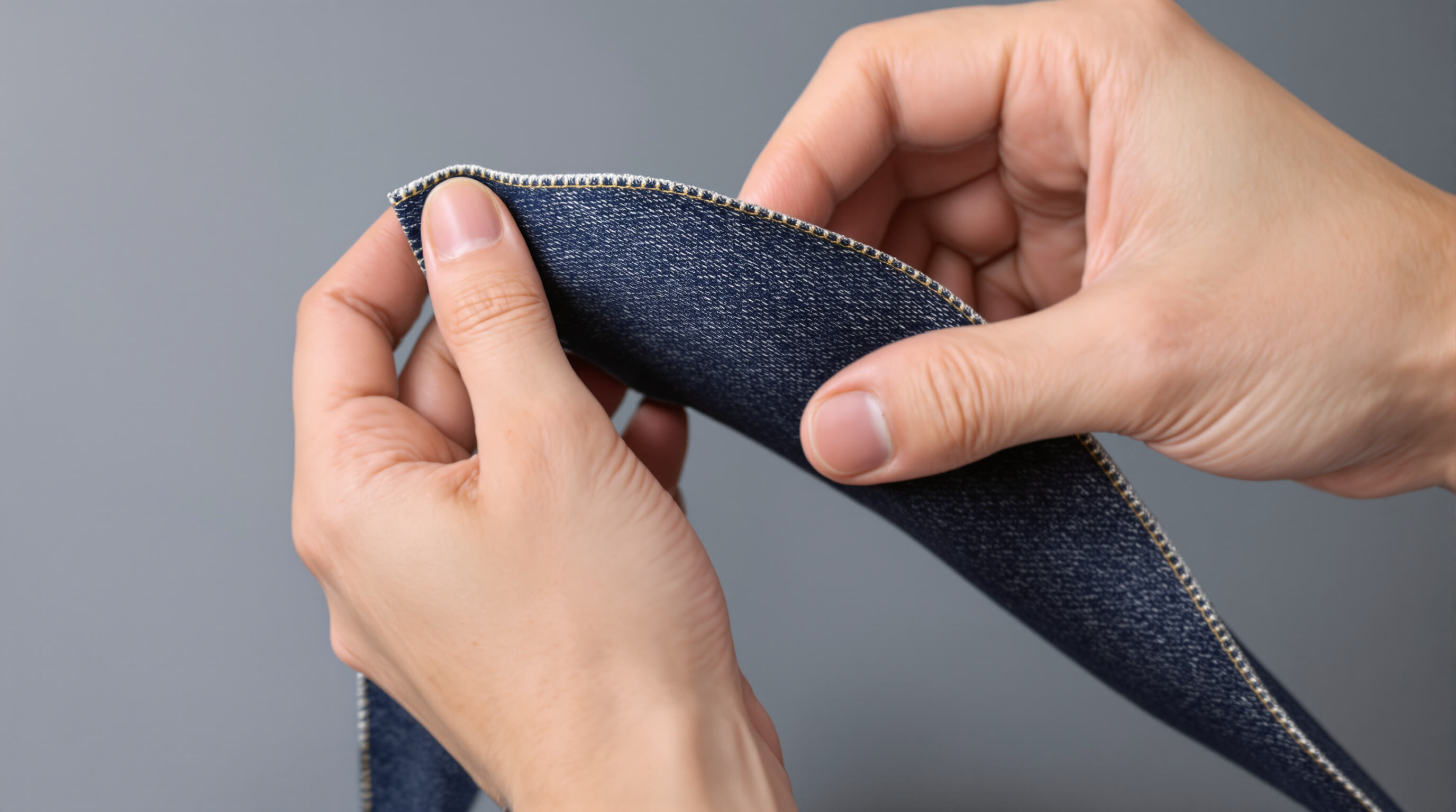 Close-up of hands stretching denim fabric to illustrate flexibility and recovery of stretch jeans.