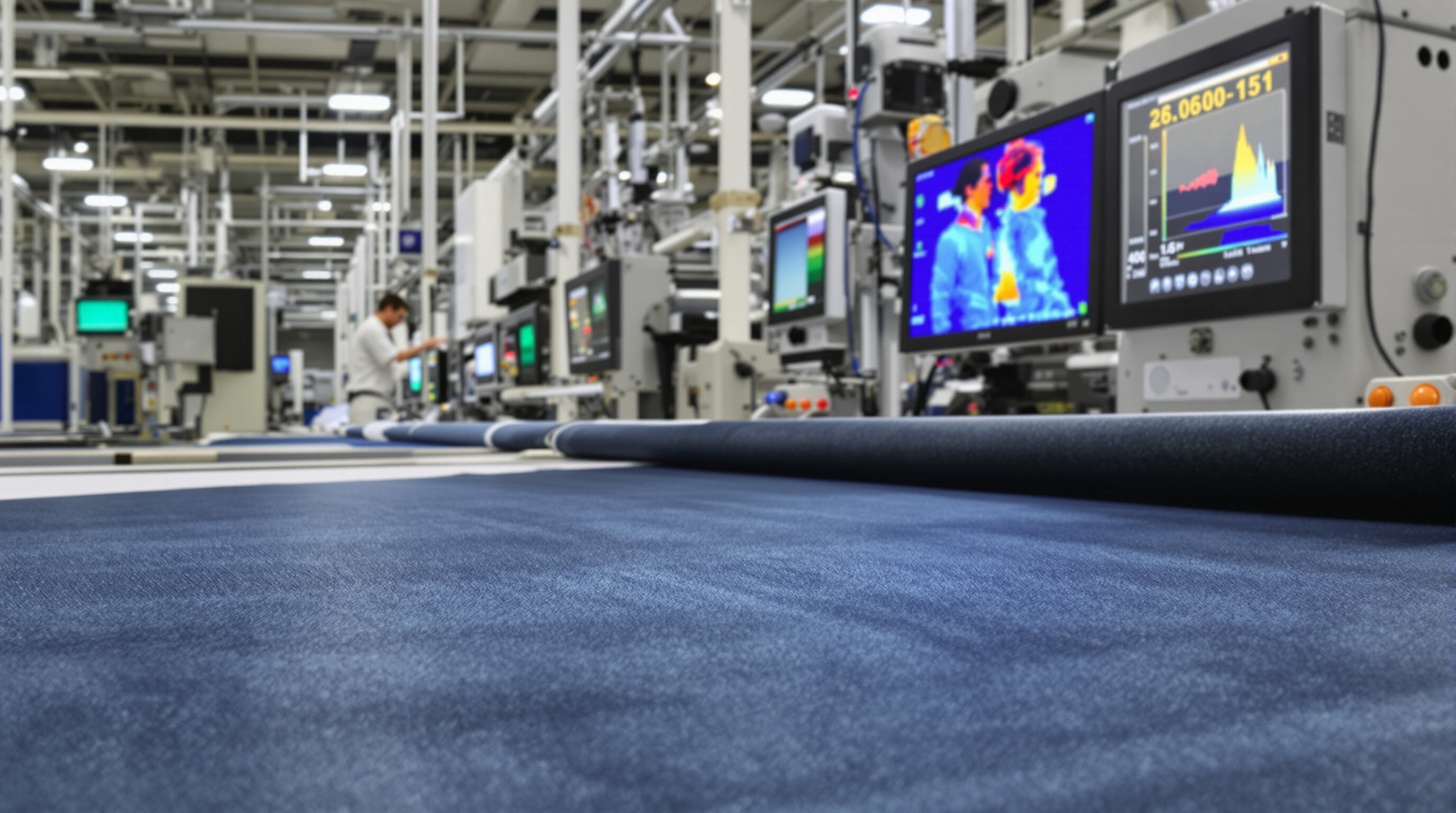 Human and automated inspection of denim rolls with high-tech scanners and computers in a factory setting