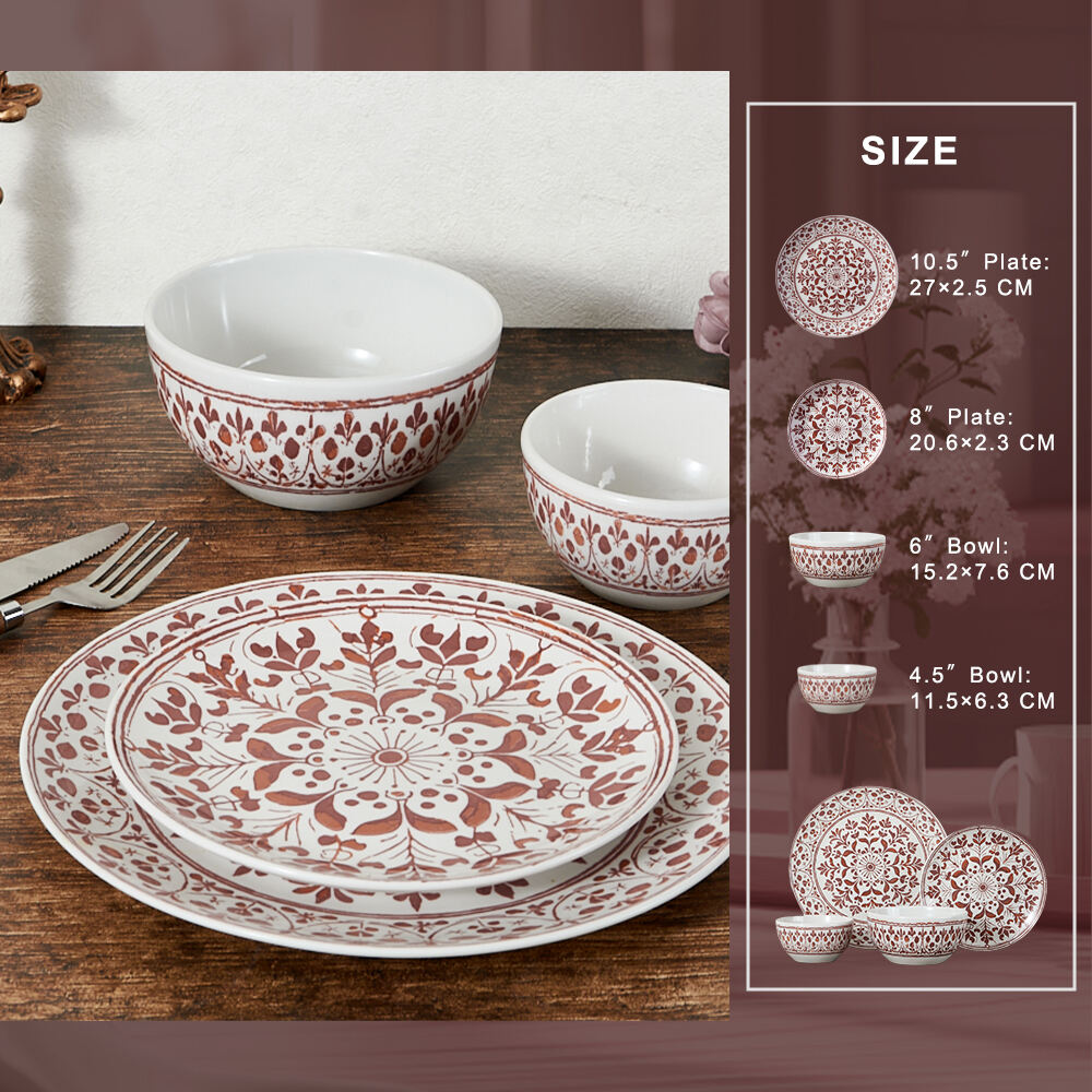 Modern Bohemian-Style Ceramic Dinnerware Set Dinner Plate Eco-Friendly Red Printed Porcelain Cup Kit for Home Hotels Restaurants details