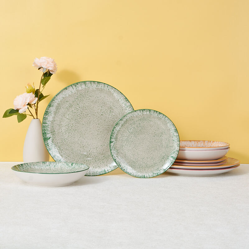 Green and White Vintage Nordic Ceramic Dinnerware Set with Fruit Plate Sublimation Dishware Featuring Coloured Trim supplier