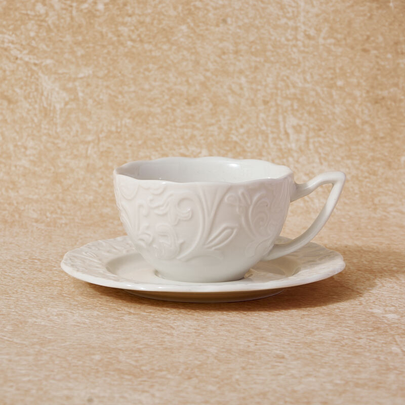 Modern Eco-Friendly Customized White Porcelain Tableware Classic Embossed Ceramic Coffee Cup Dinnerware Sets for Home Hotel details