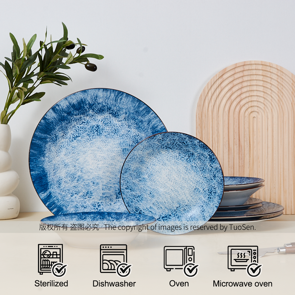 Eco-Friendly Ceramic Blue Plate Sets Classic Design Porcelain Utensils Wholesale for Home and Hotel Dinnerware manufacture
