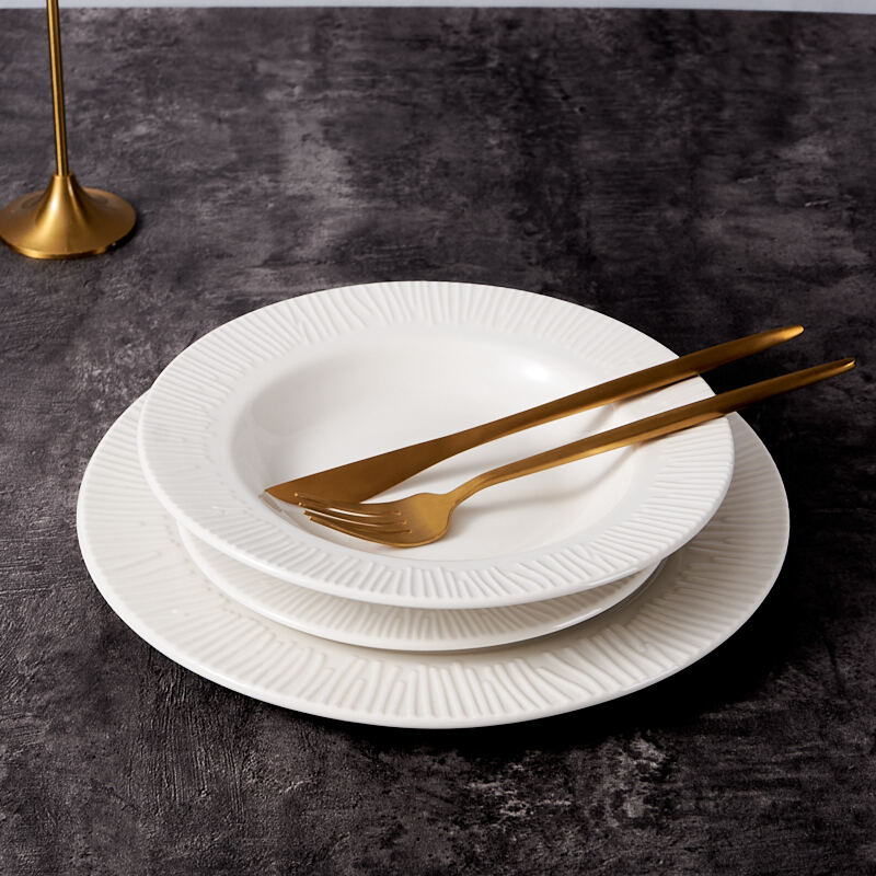 Hot-Selling Customizable Luxury White Stoneware Dinner Plate Set Embossed Porcelain Tableware for Hotels Durable Feature details