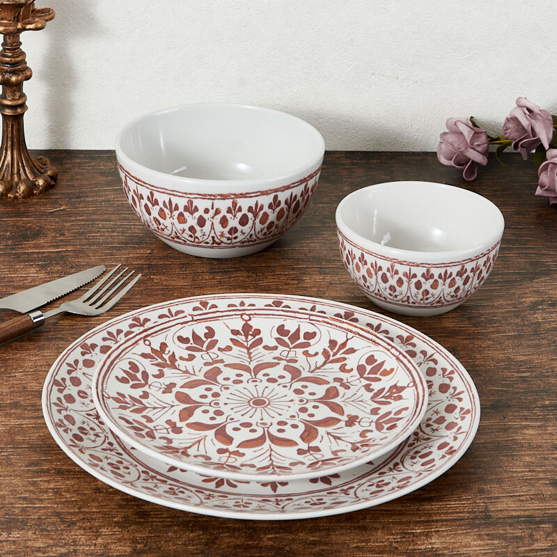 Modern Bohemian-Style Ceramic Dinnerware Set Dinner Plate Eco-Friendly Red Printed Porcelain Cup Kit for Home Hotels Restaurants details