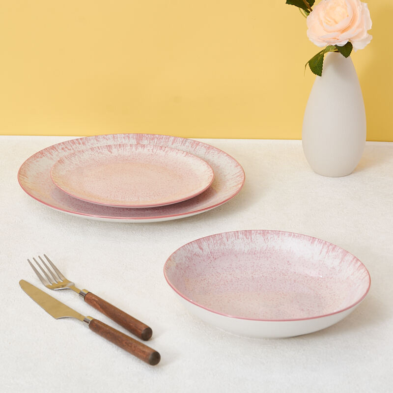 18-Piece Custom Packaged Pink Reactive Glazed Ceramic Dinnerware Set Full Collection Stone Ware Tableware Sample Available factory