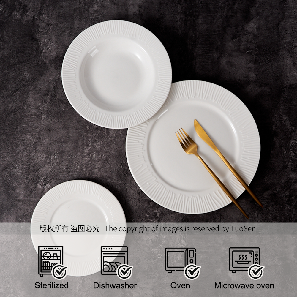 Hot-Selling Customizable Luxury White Stoneware Dinner Plate Set Embossed Porcelain Tableware for Hotels Durable Feature supplier