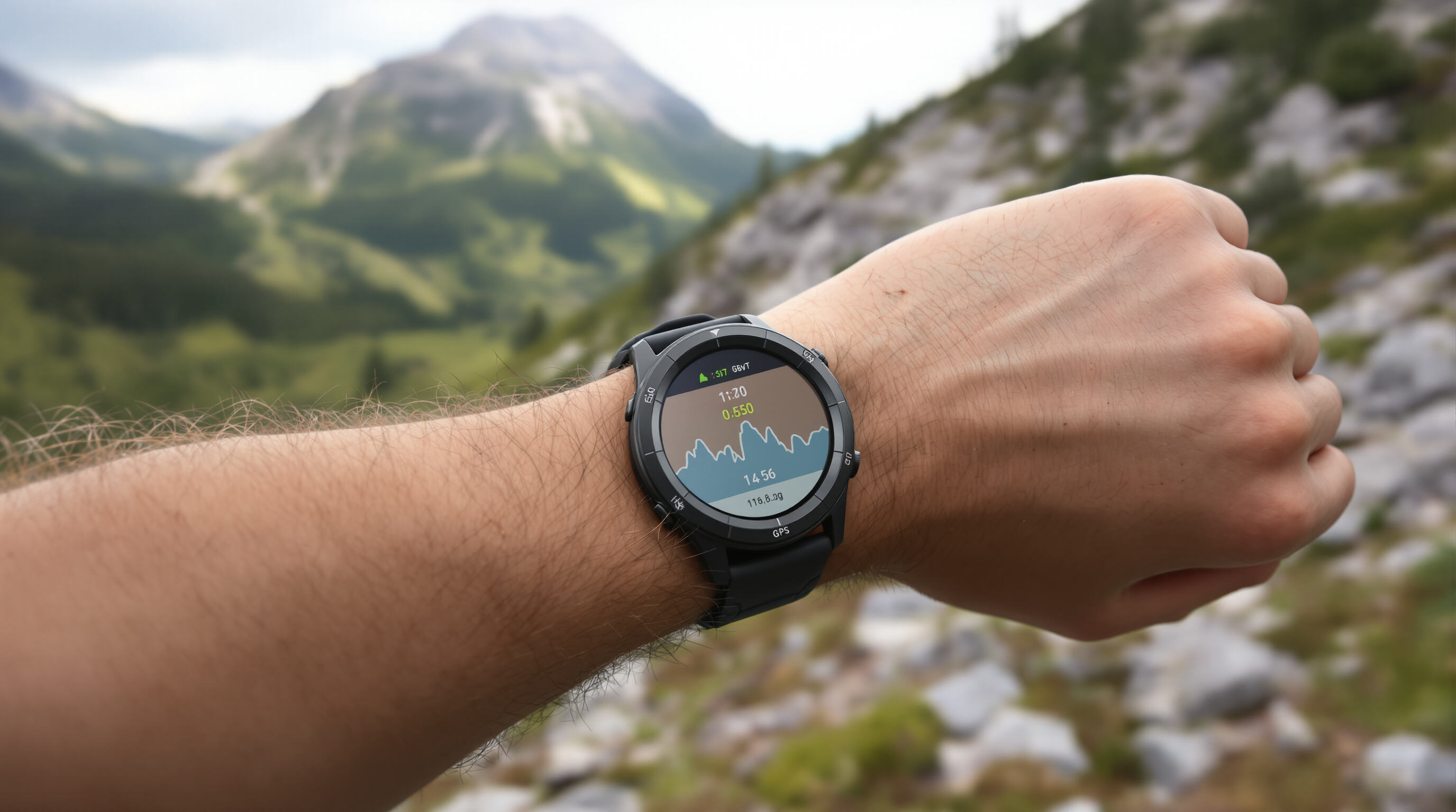 Close-up of smartwatch on hiker's wrist showing route and elevation data in a mountainous forest setting