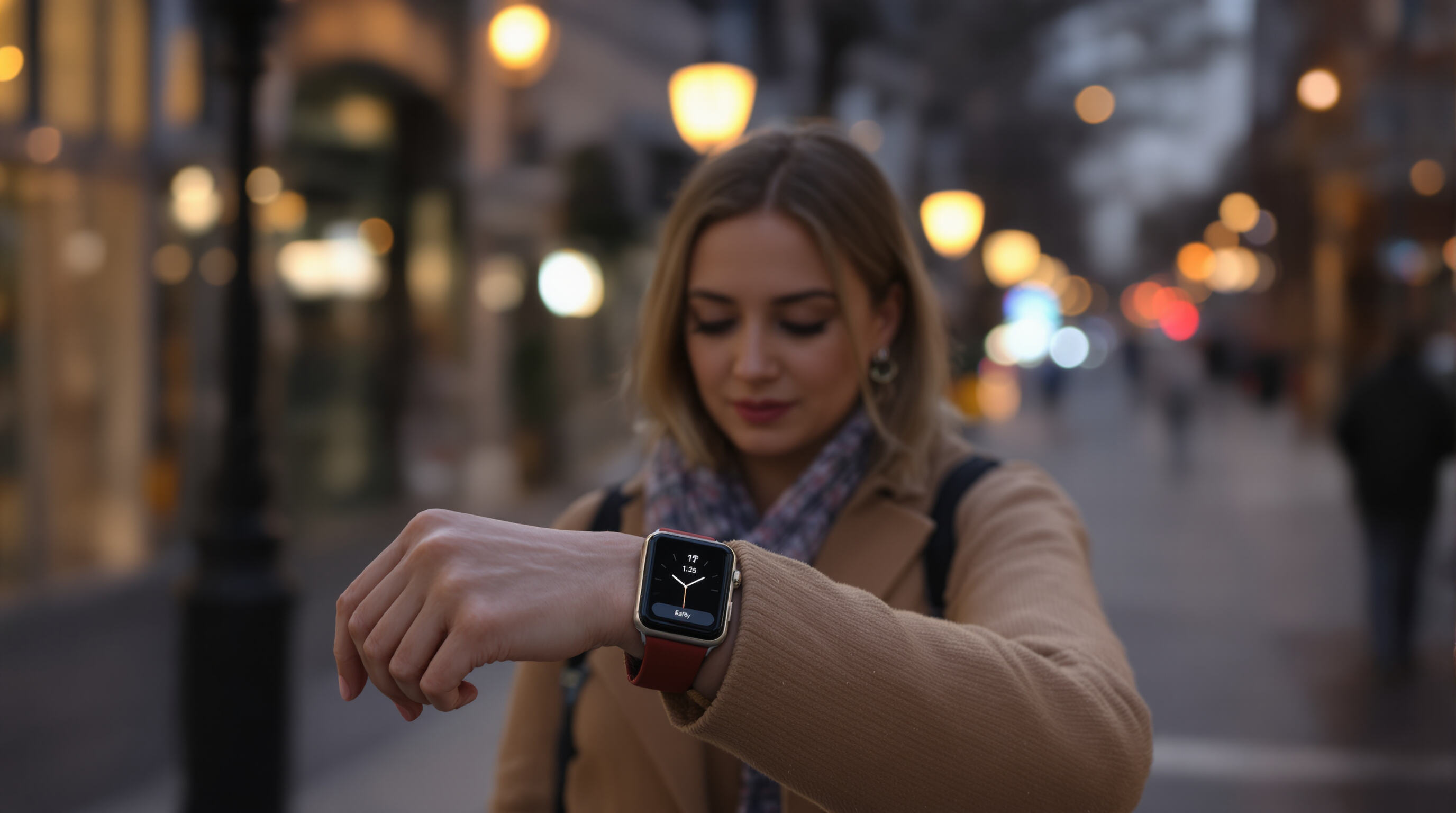 Woman walking in the city at dusk, glancing at her smartwatch, emphasizing wearable safety in an urban environment