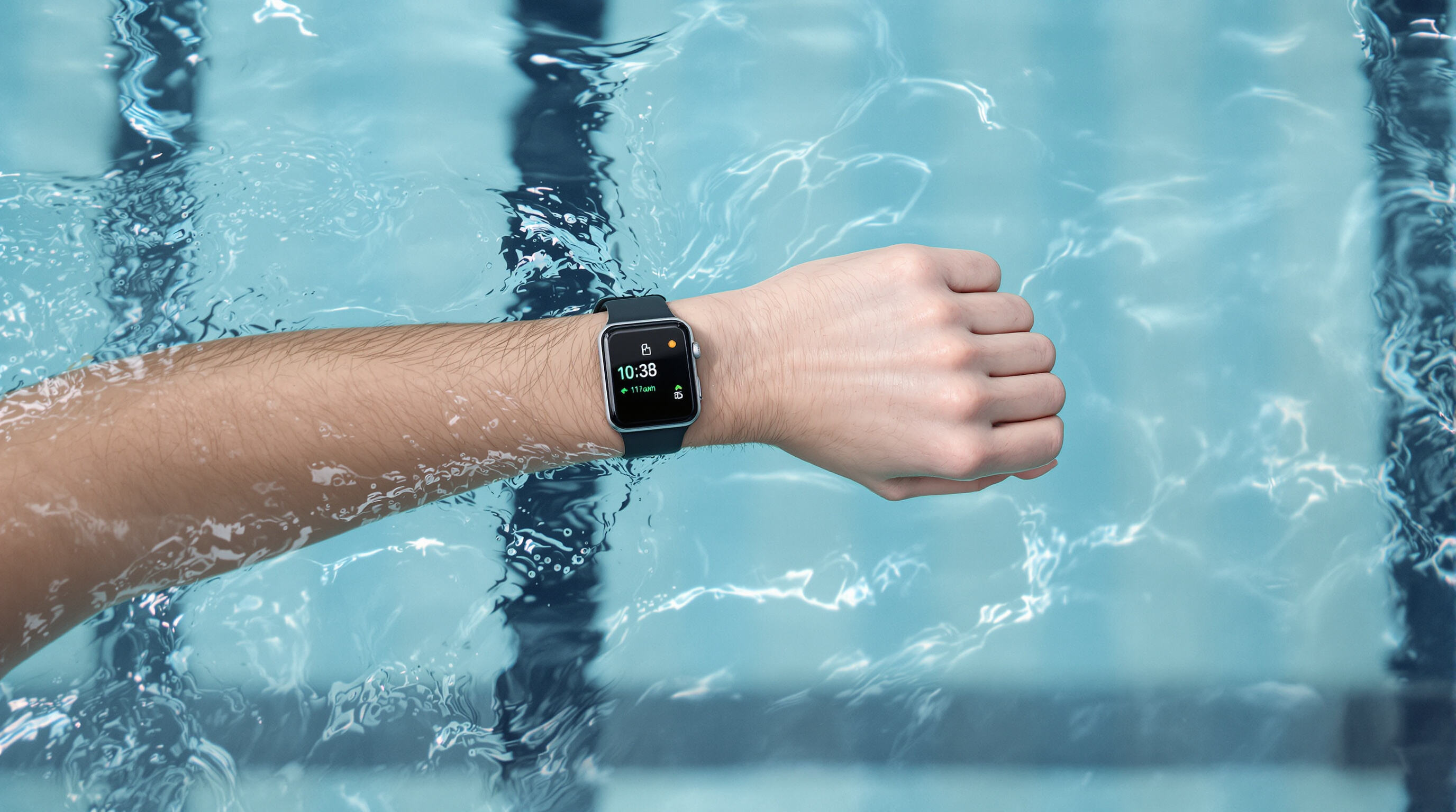 Swimmer in a lap pool wearing a smartwatch with focus on precise swim tracking