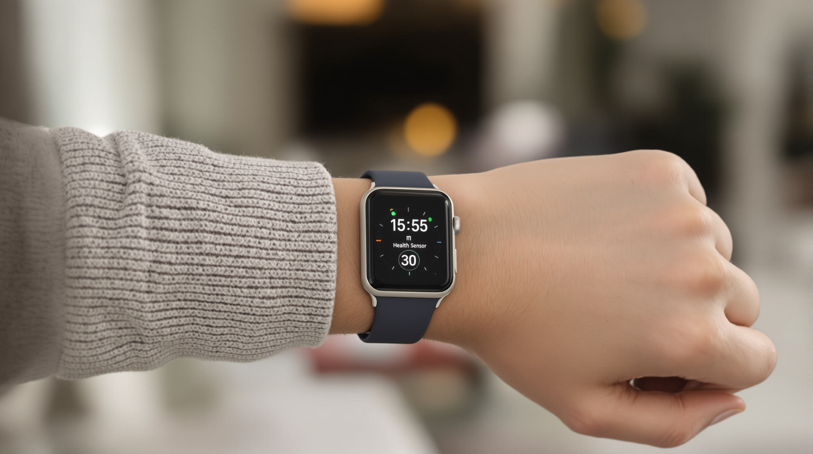 Close-up of a smartwatch on a woman's wrist in a home setting, highlighting health monitoring sensors