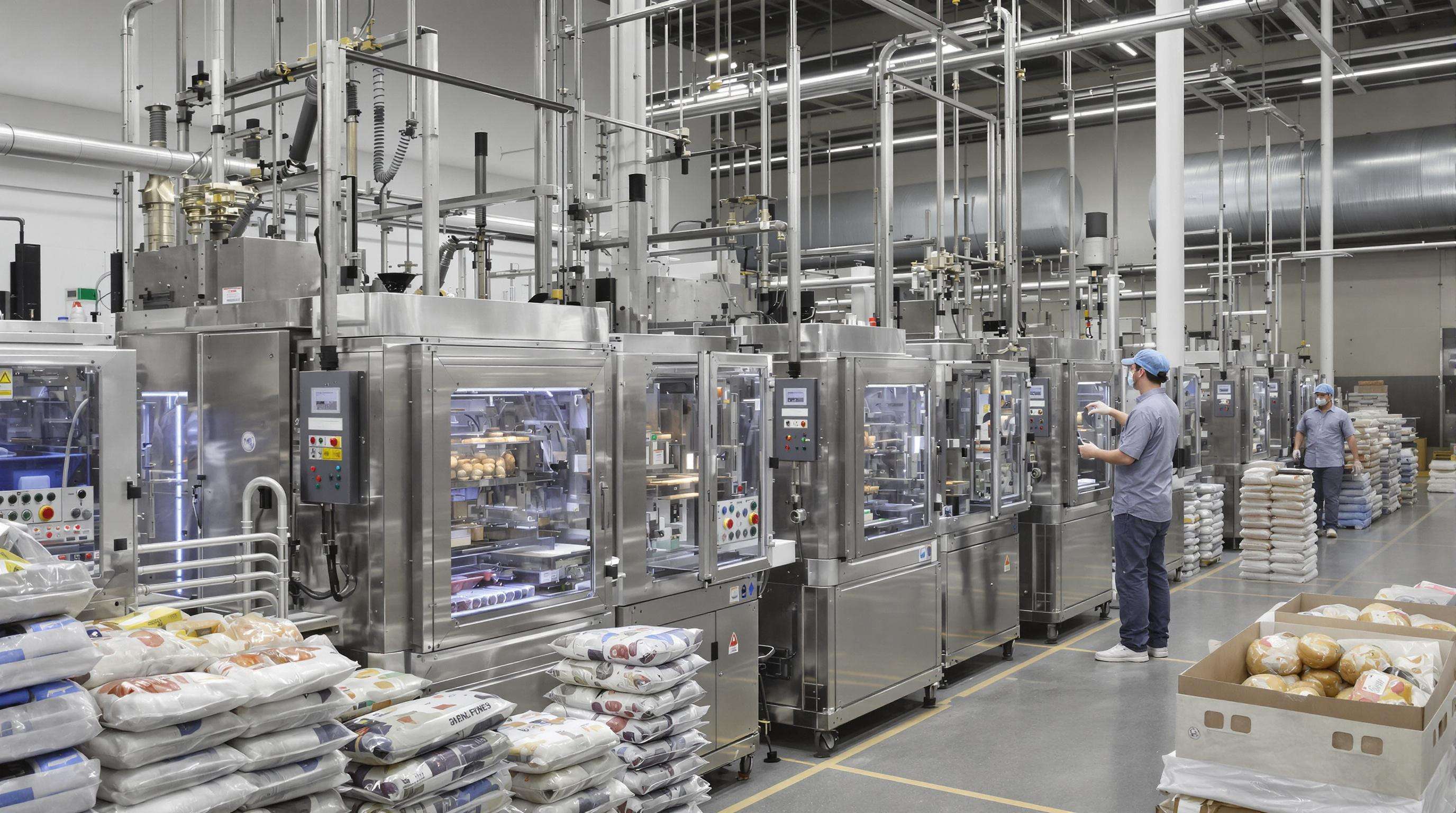 Workers operating vacuum packaging machines on a food production line, checking equipment capacity