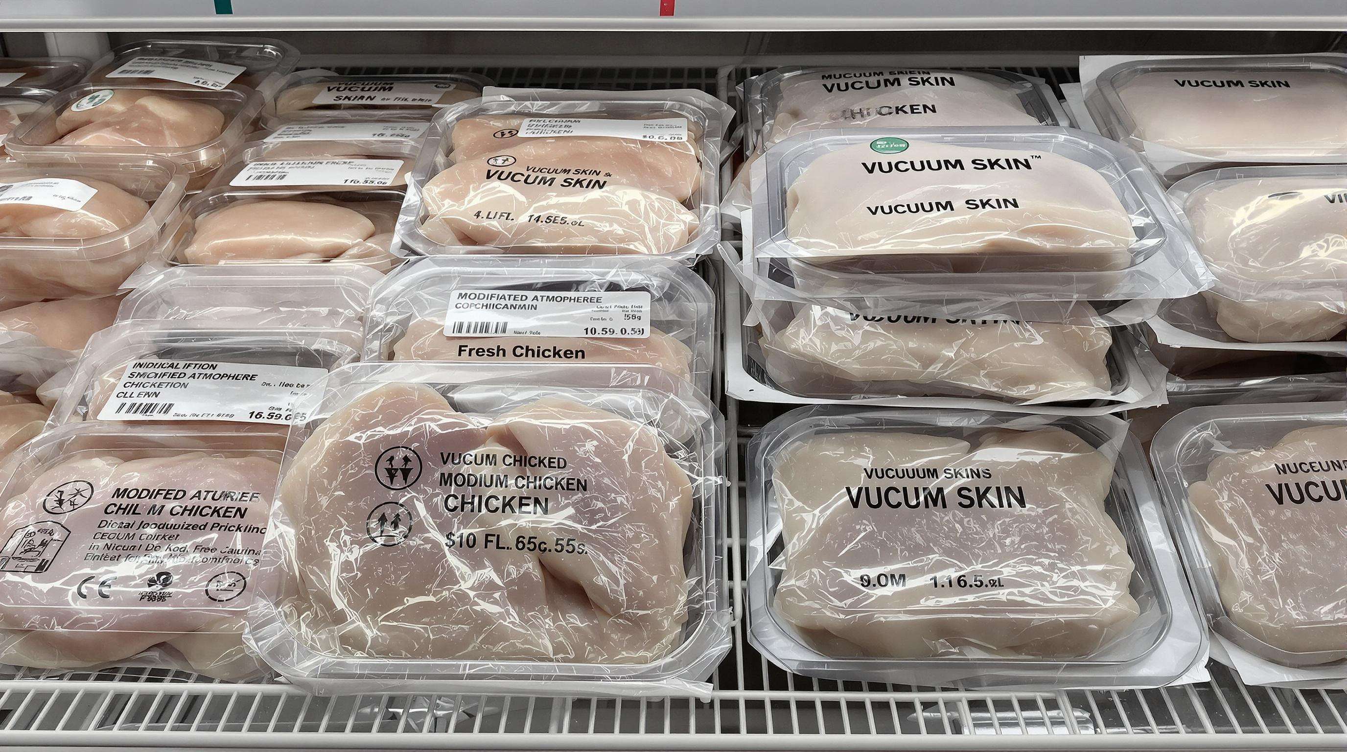 Chicken packs on store shelves, comparing modified atmosphere and vacuum skin packaging under refrigeration