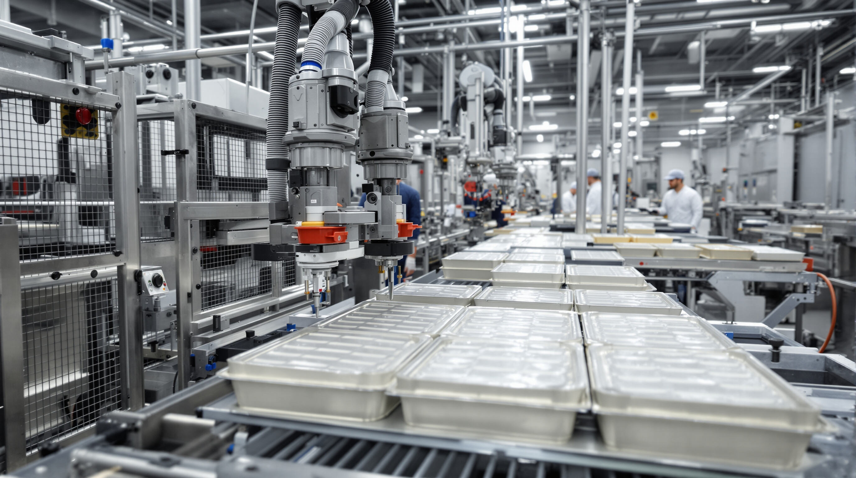 Automated tray sealing machine operating with minimal human supervision in an industrial food packaging facility