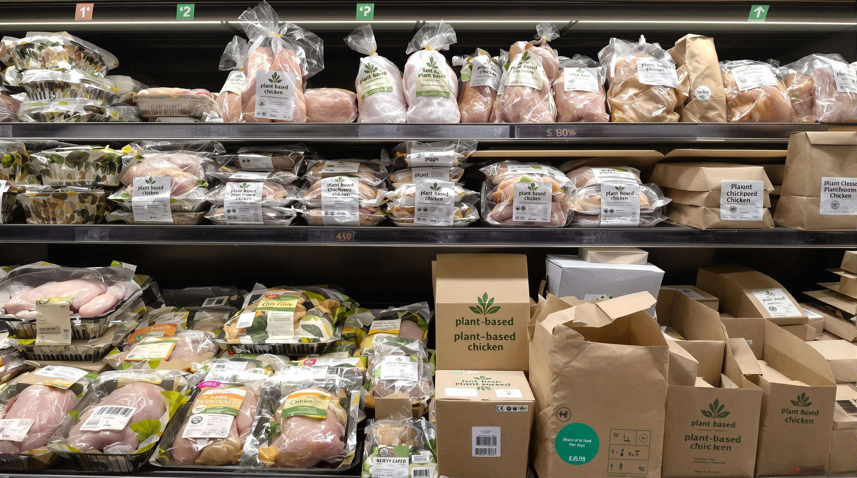 Assorted sustainable chicken packaging materials on a grocery shelf beside conventional plastic packs