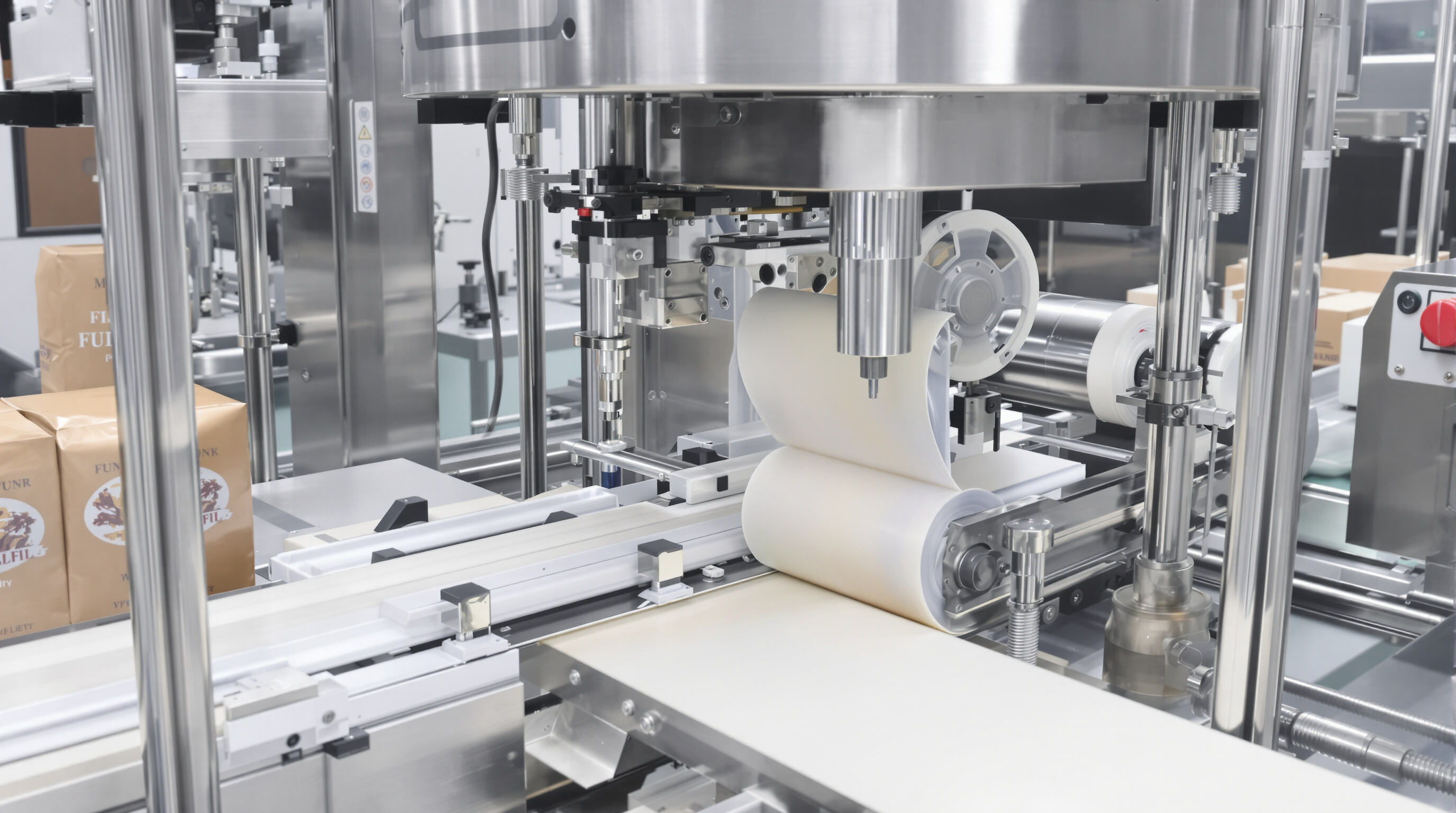 Industrial VFFS machine forming, filling, and sealing bags on a factory floor.
