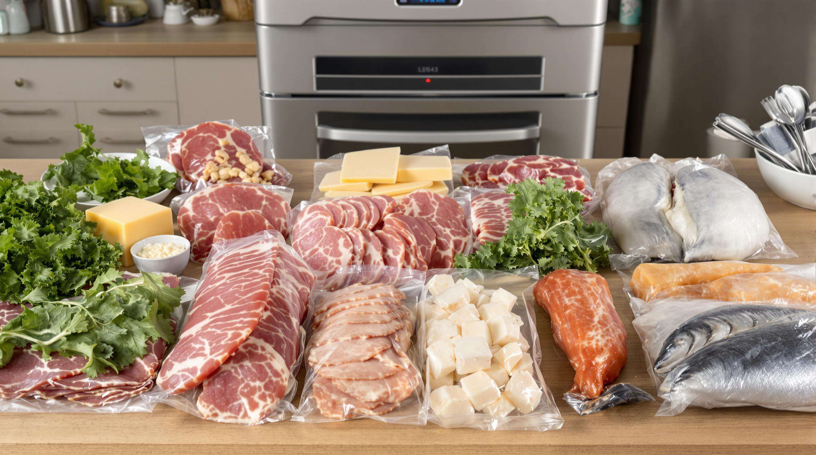 Vacuum-sealed foods like meats, cheeses, greens, and fish on a table with a vacuum packaging machine