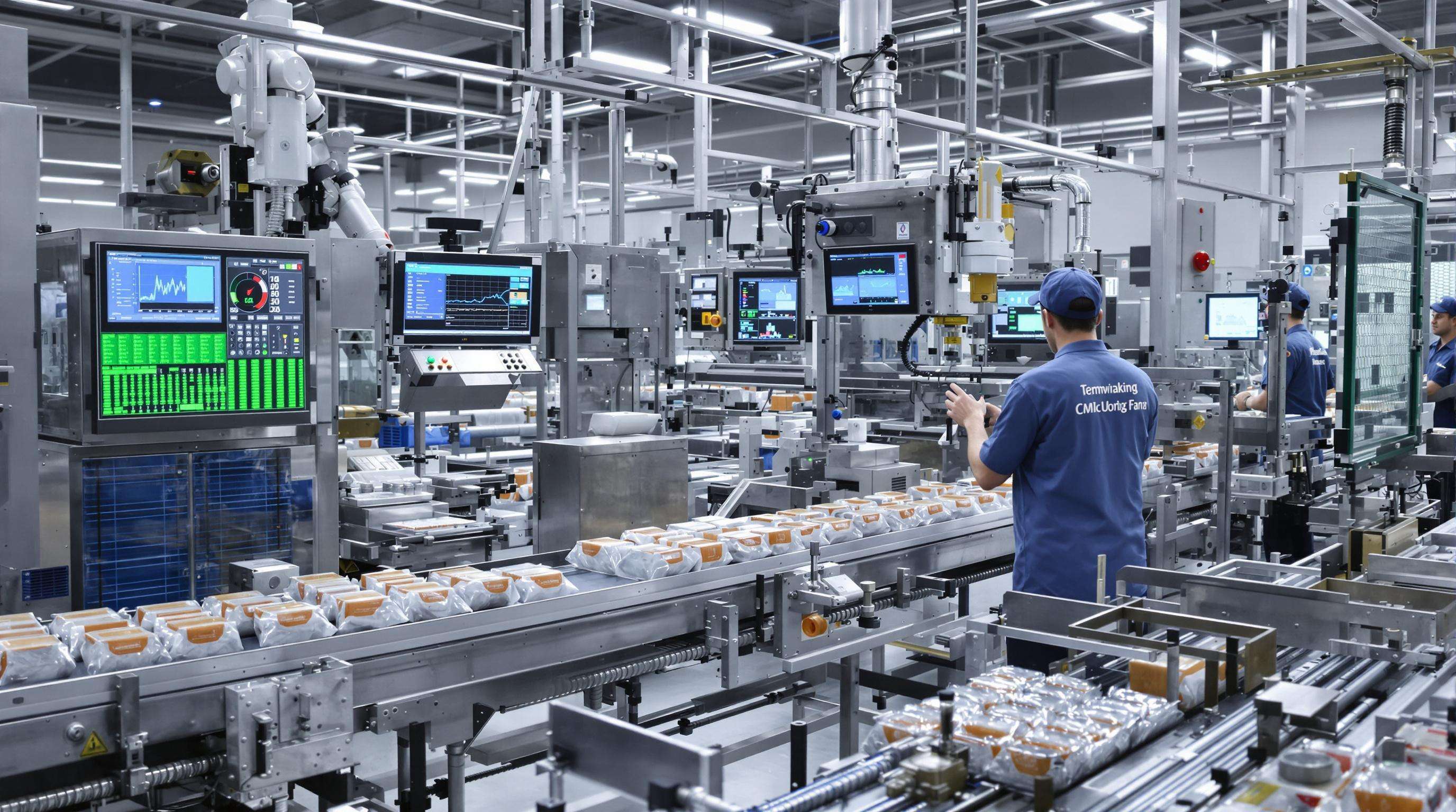 Automated vacuum packaging line with operators and robotic arms monitoring sealed products in a modern factory