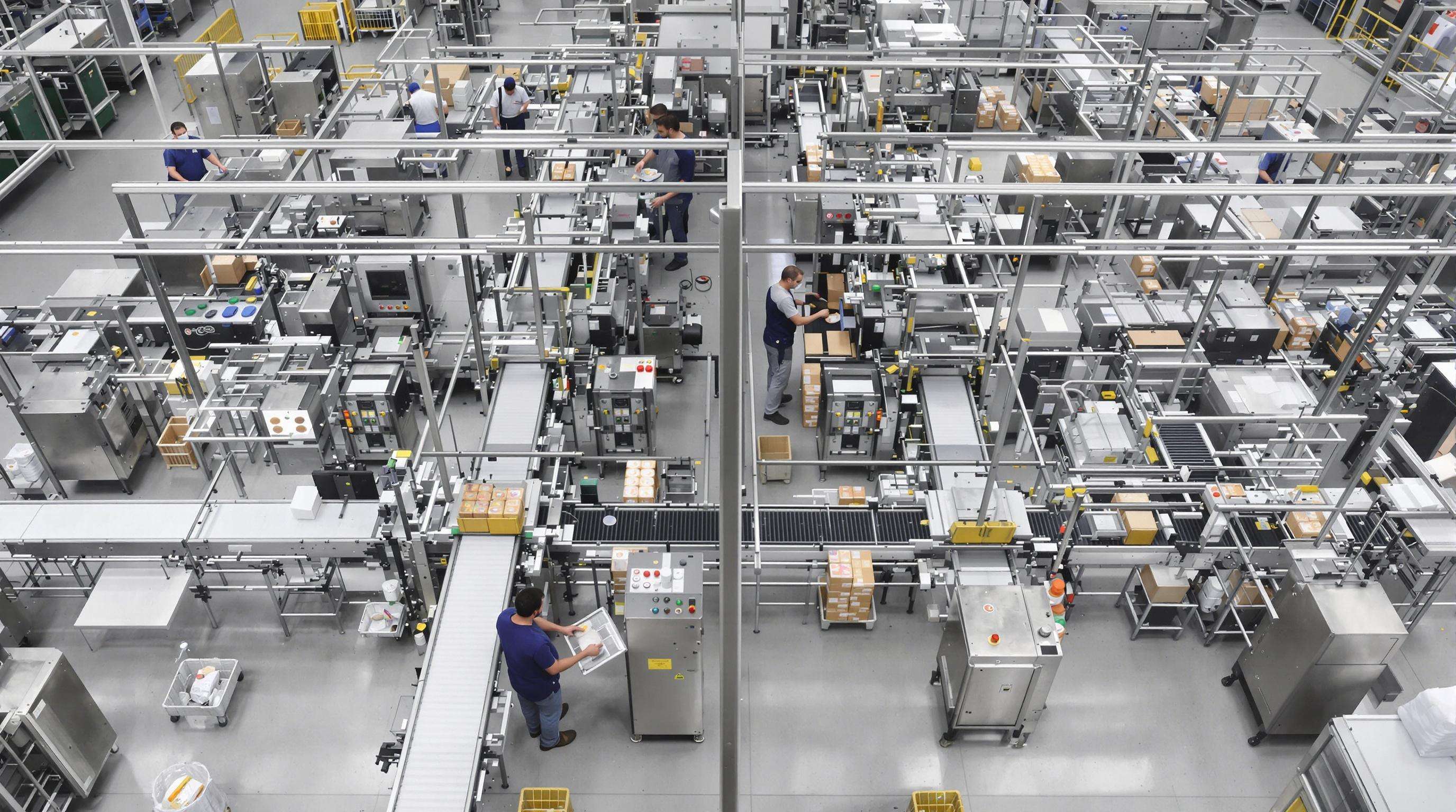 Comparison of automated and semi-automatic food packaging lines, showing robotic and human involvement