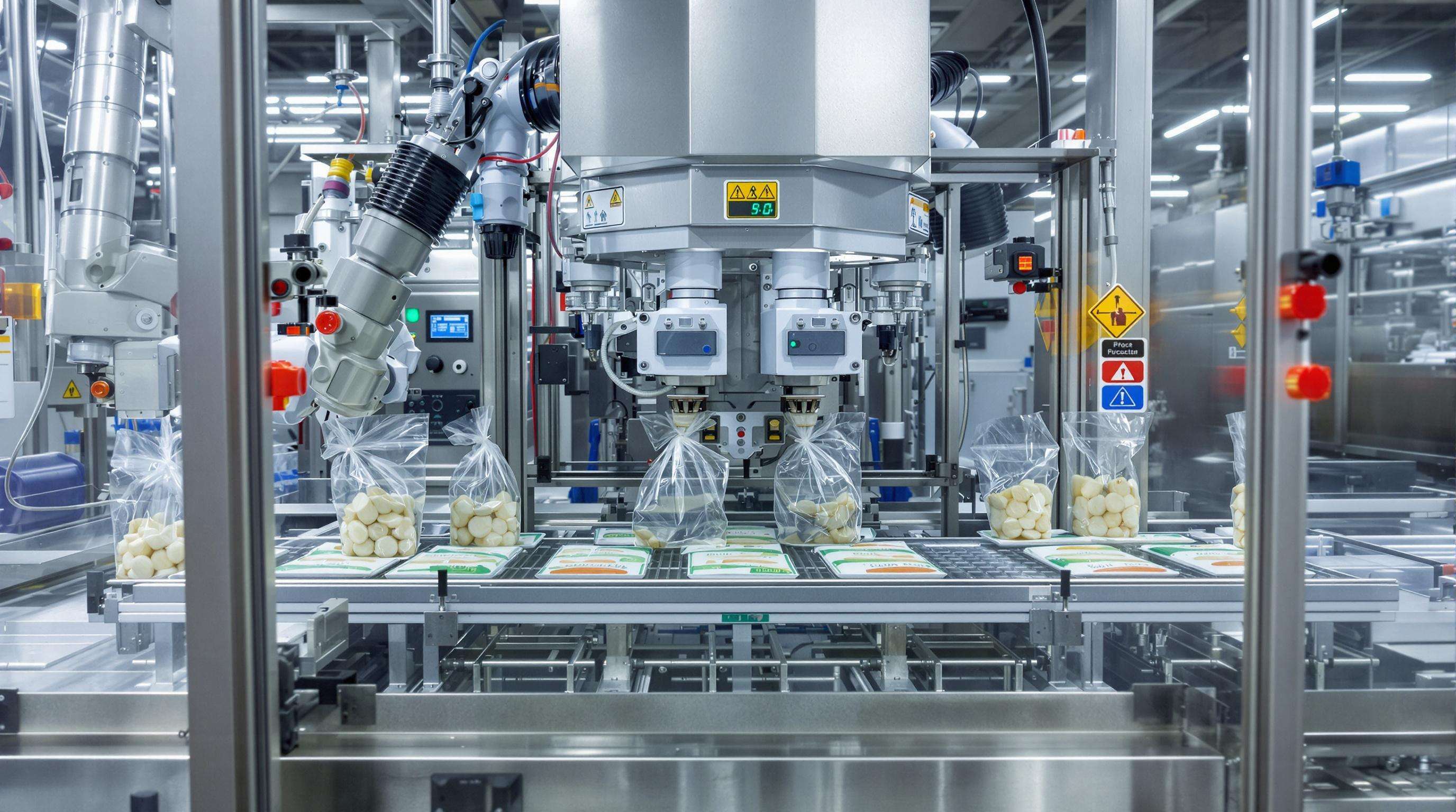 Modern automated food bagging machine using advanced heat sealing, stainless steel surfaces, and sensors.