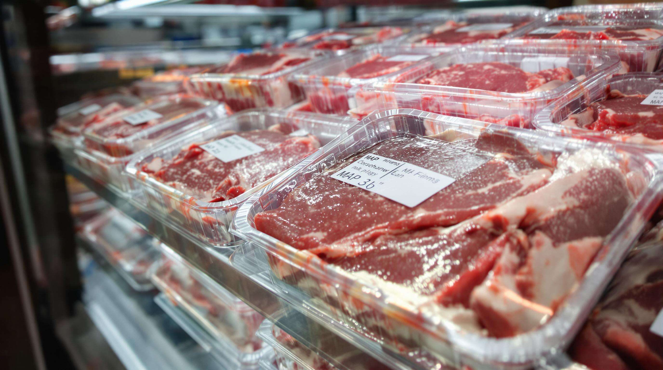 Photorealistic close-up of chilled packaged meat trays in MAP film, emphasizing freshness and condensation