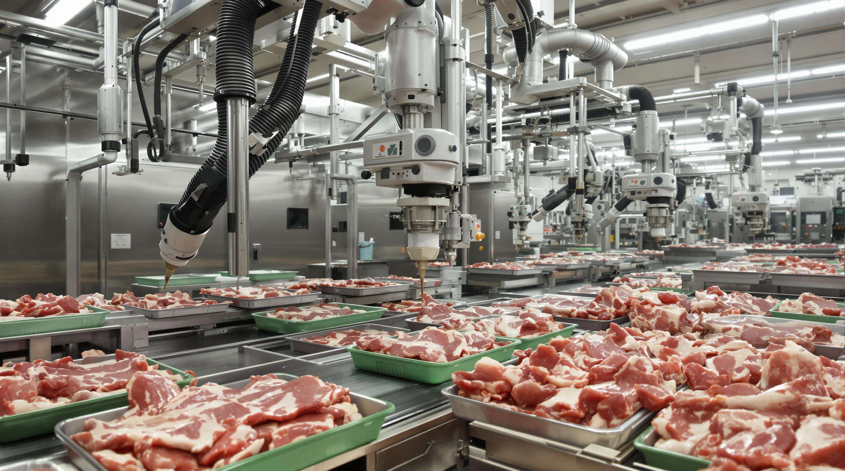Photorealistic scene of robotic arms automating meat packaging on a high-tech production line
