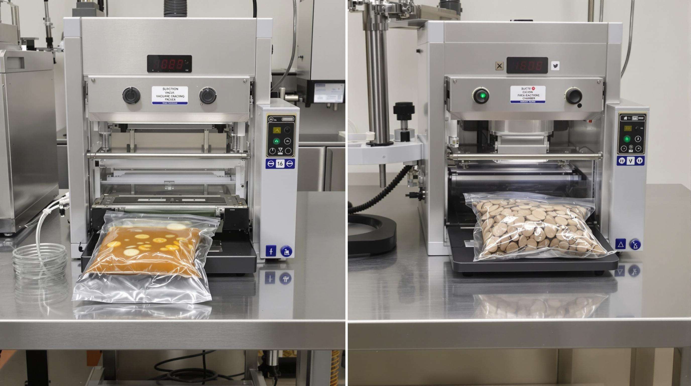 Chamber and suction vacuum packaging machines side by side sealing different foods