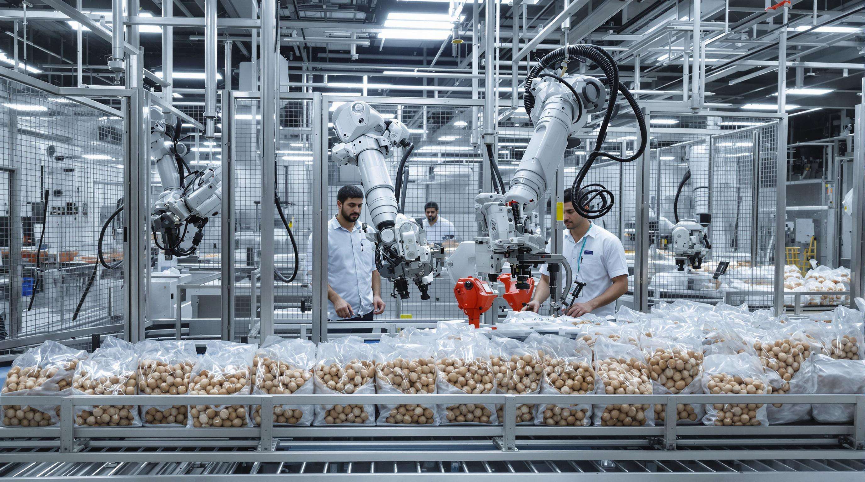 Industrial robots and workers managing bagging operations on a food packaging line
