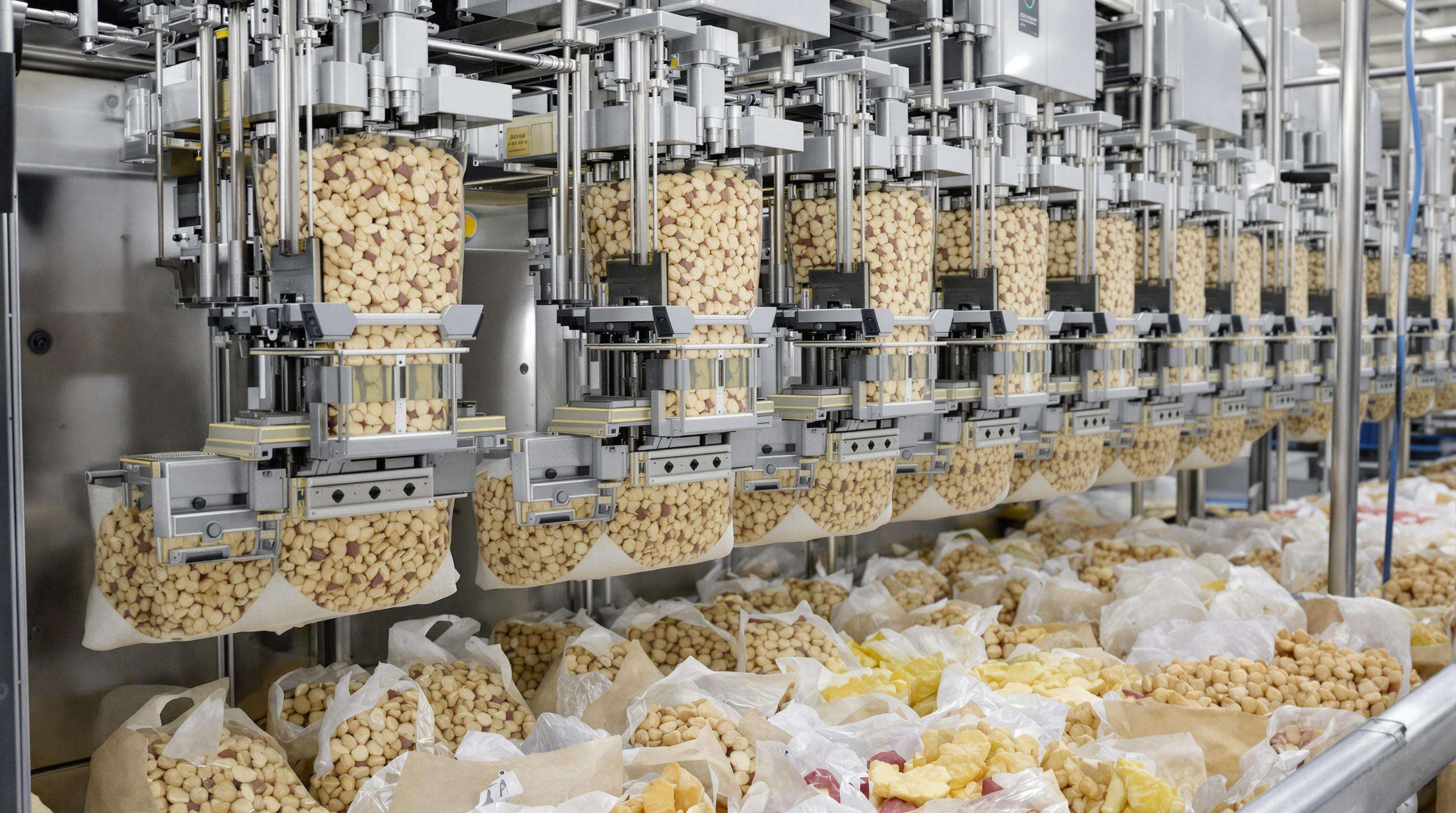 Industrial food packaging machines with multi-head weighers distributing precise portions into bags on a factory line