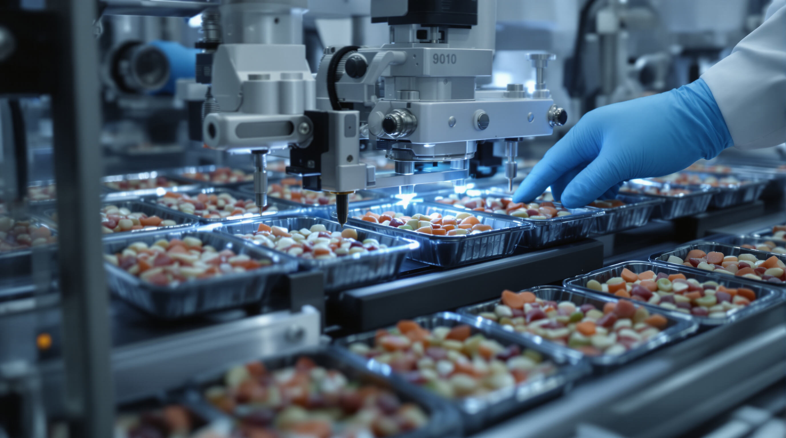 Automated tray sealing machinery in a sterile setting preventing food contamination, no hands touching trays