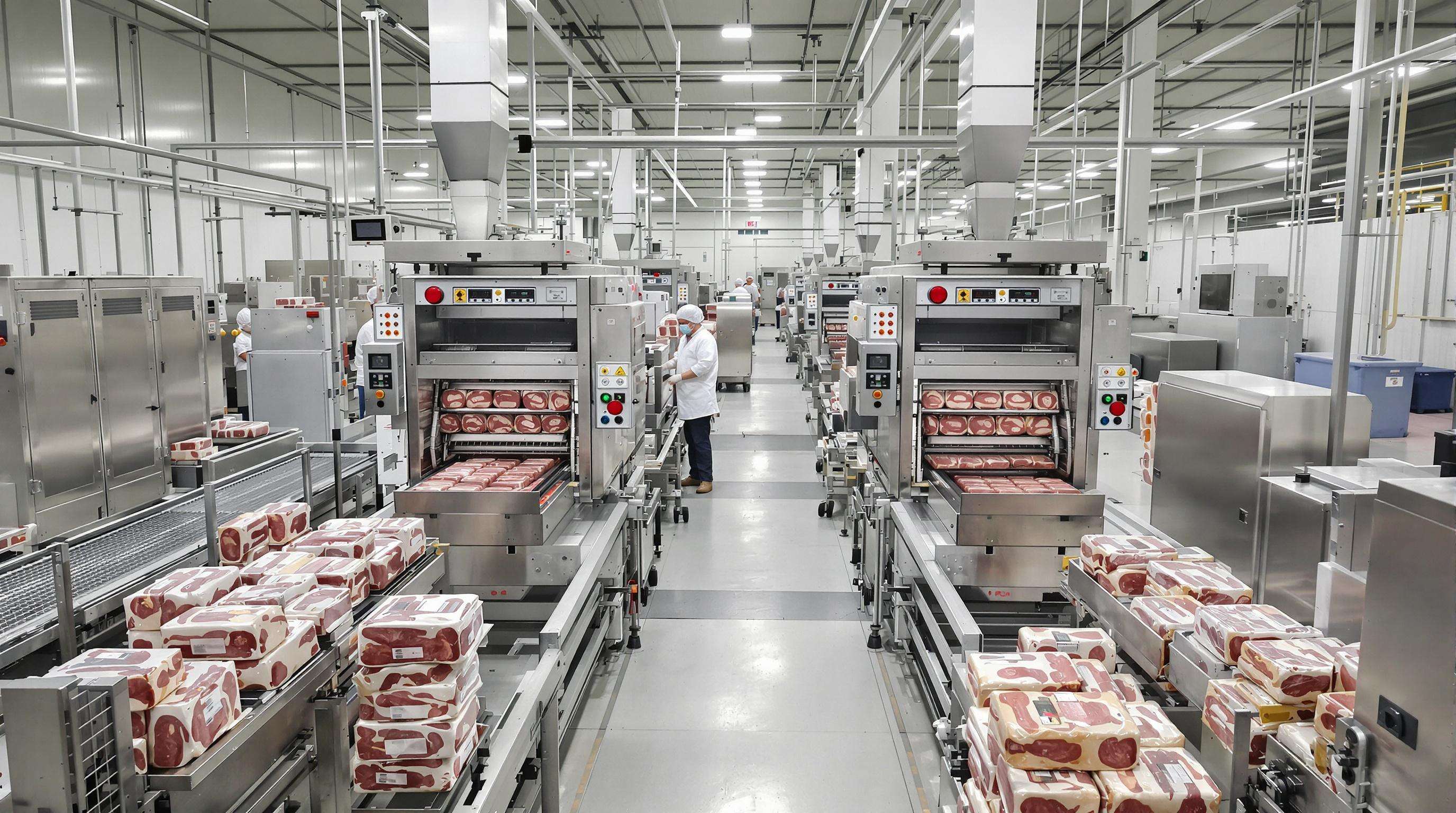 Large meat processing facility showing automated packaging machines and conveyor belts in operation