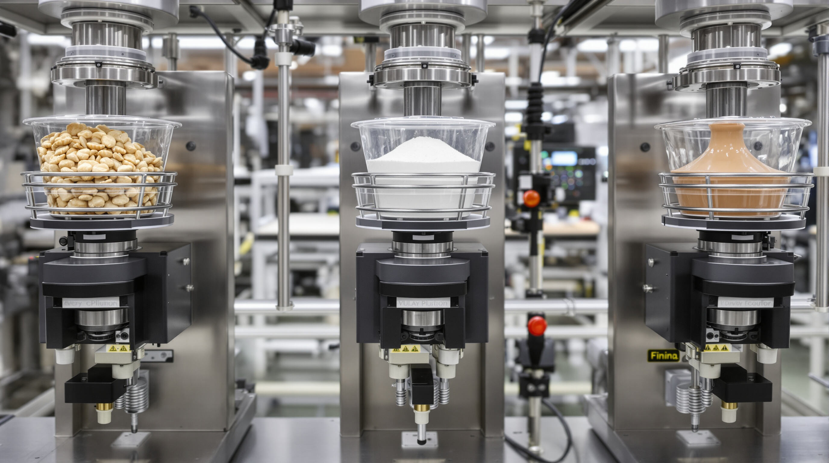 Three VFFS filling systems dispensing snacks, powder, and liquid in a factory setting.