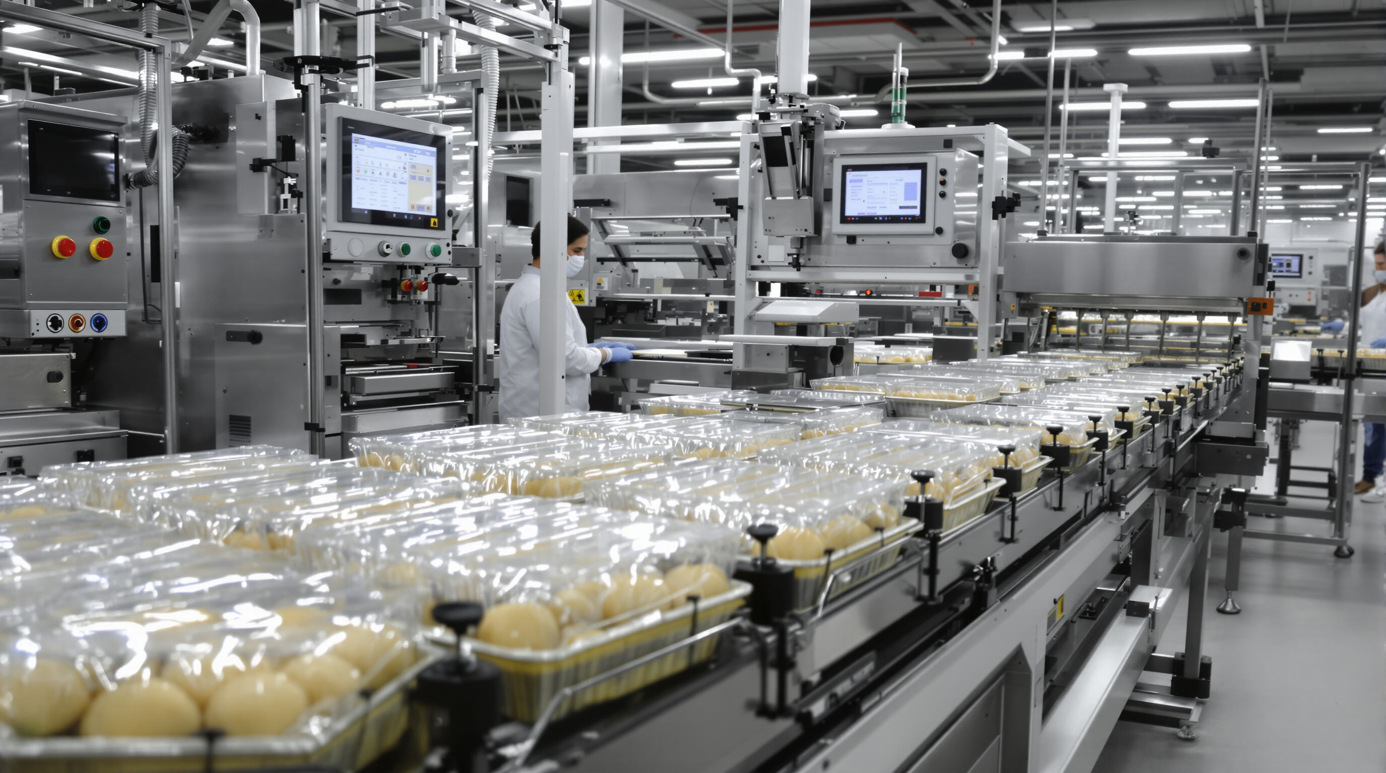 Automated tray sealing system in a food plant with technicians monitoring freshly sealed trays.