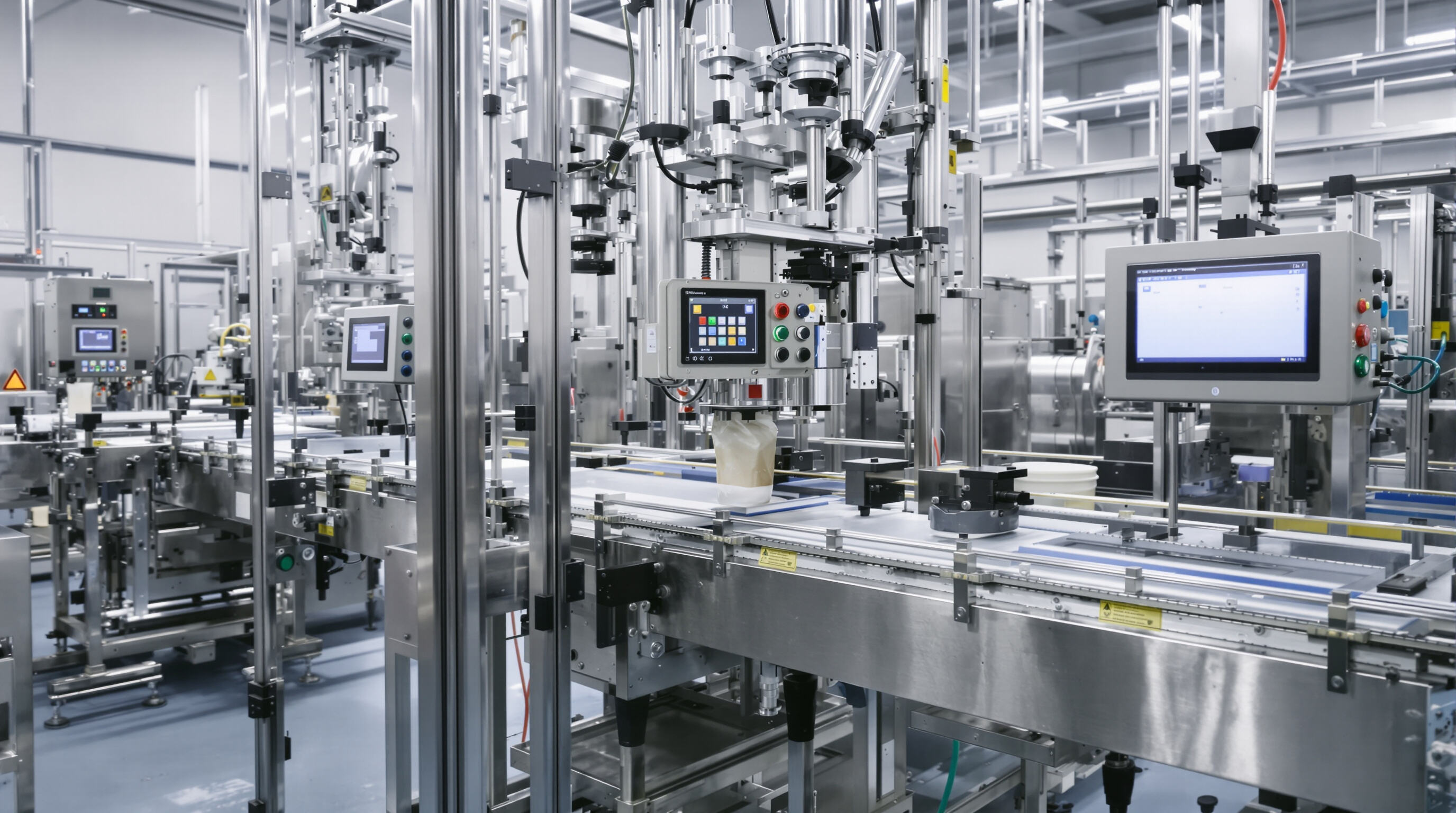 AI-controlled high-speed premade pouch machine in operation with visible sensors and robotic systems