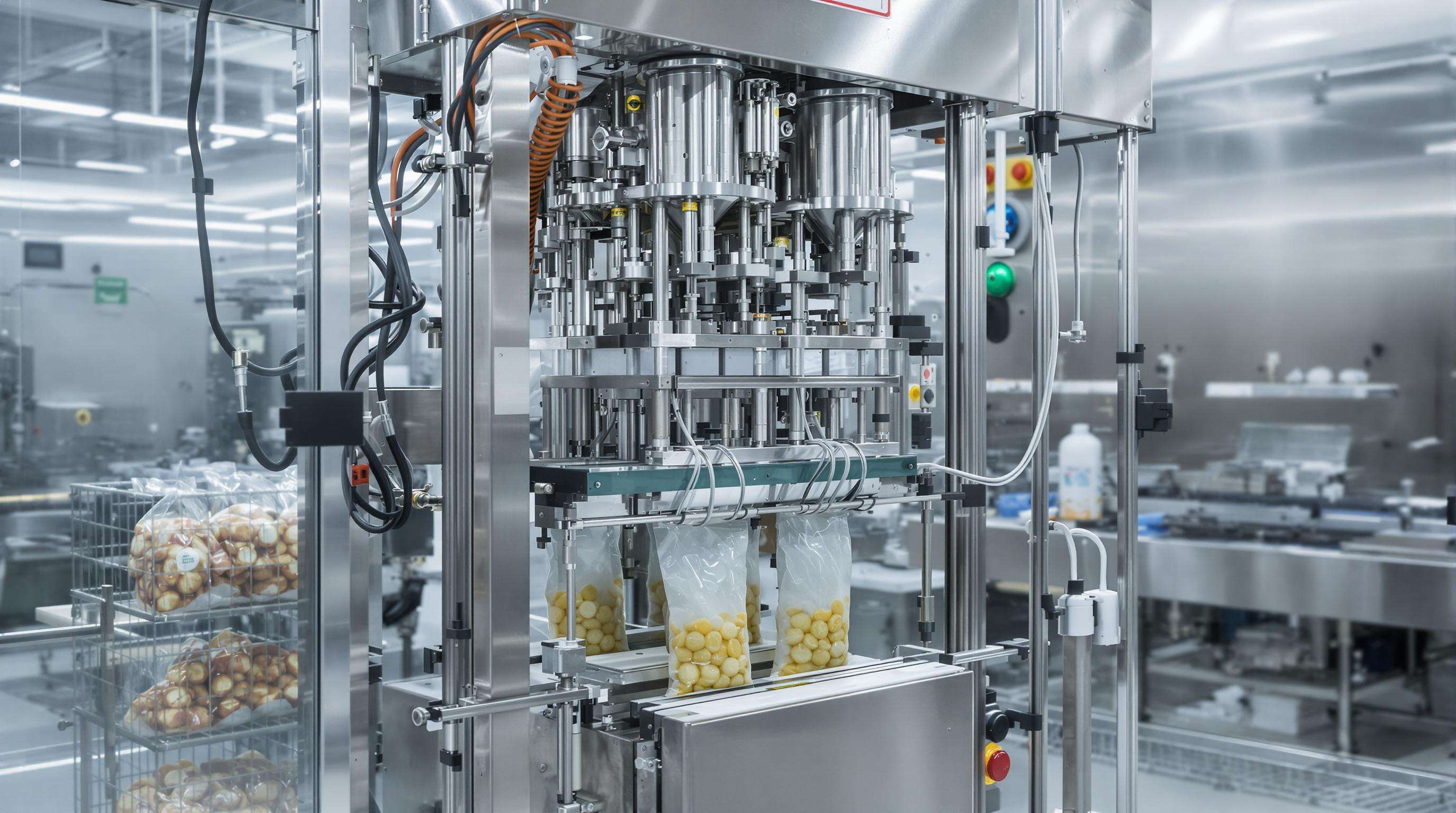 Vertical form-fill-seal food bagging machine in operation with an operator in a small industrial facility