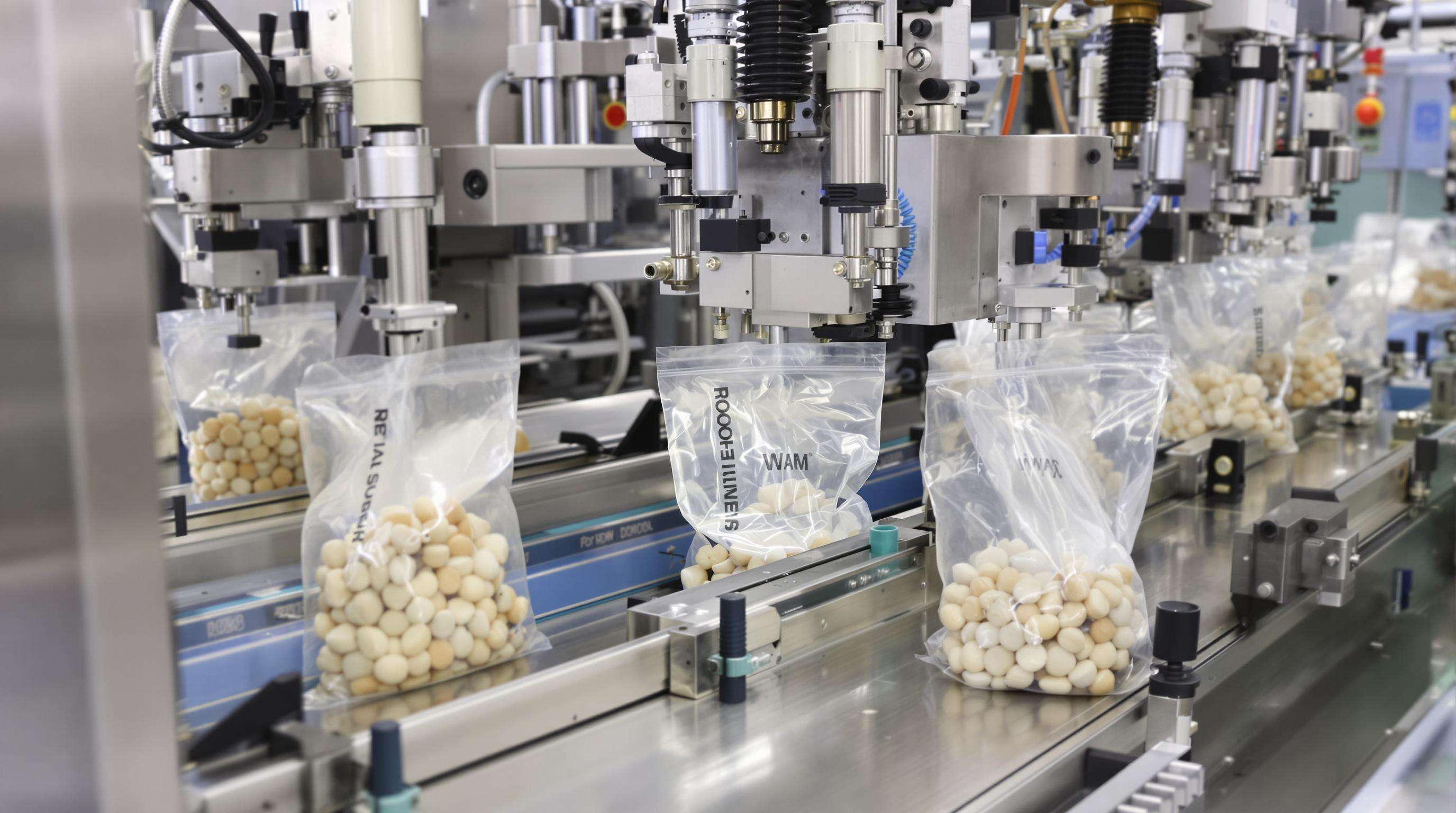 Industrial automated food bagging machine forming and sealing food packages on a factory floor