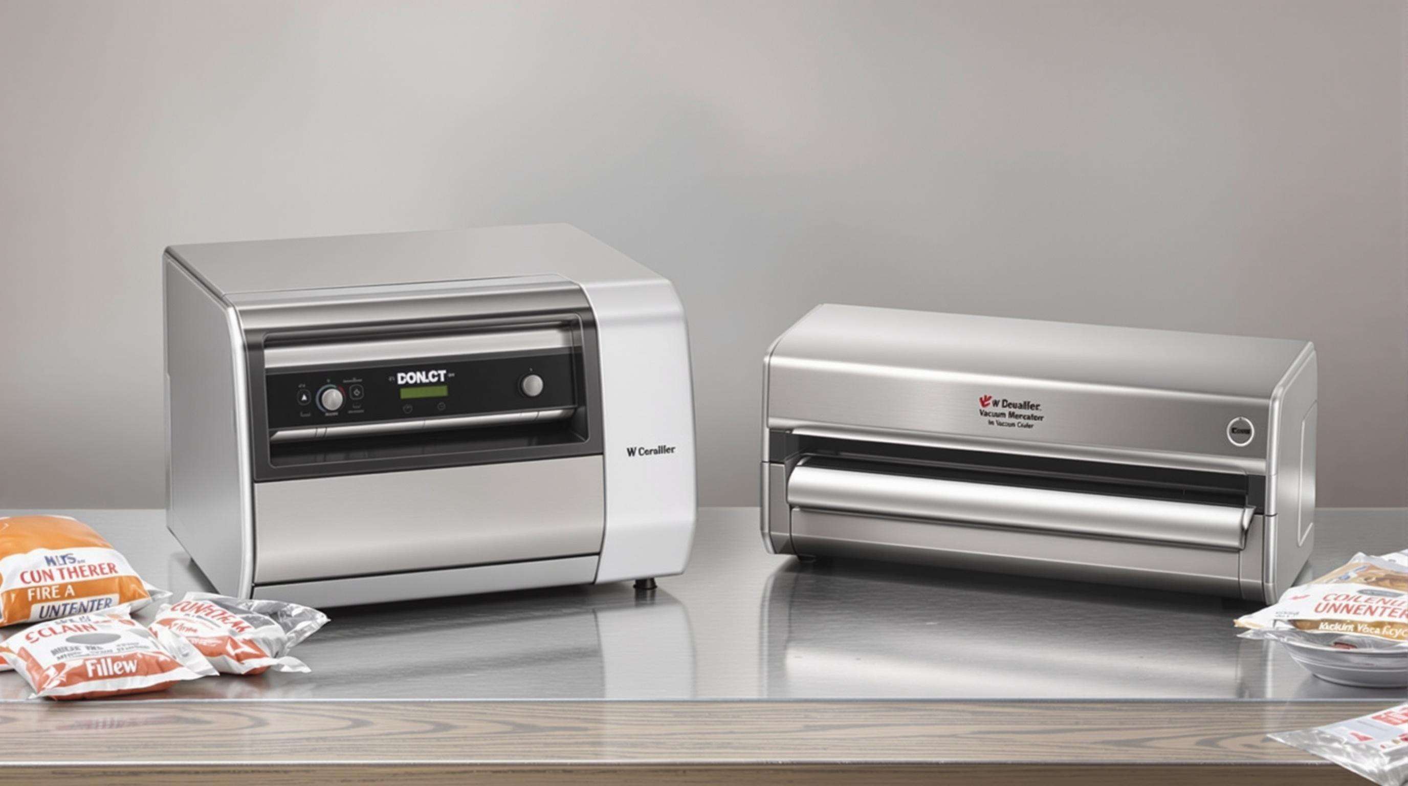 Side-by-side view of chamber and external vacuum sealers with sealed packages in a workshop setting.
