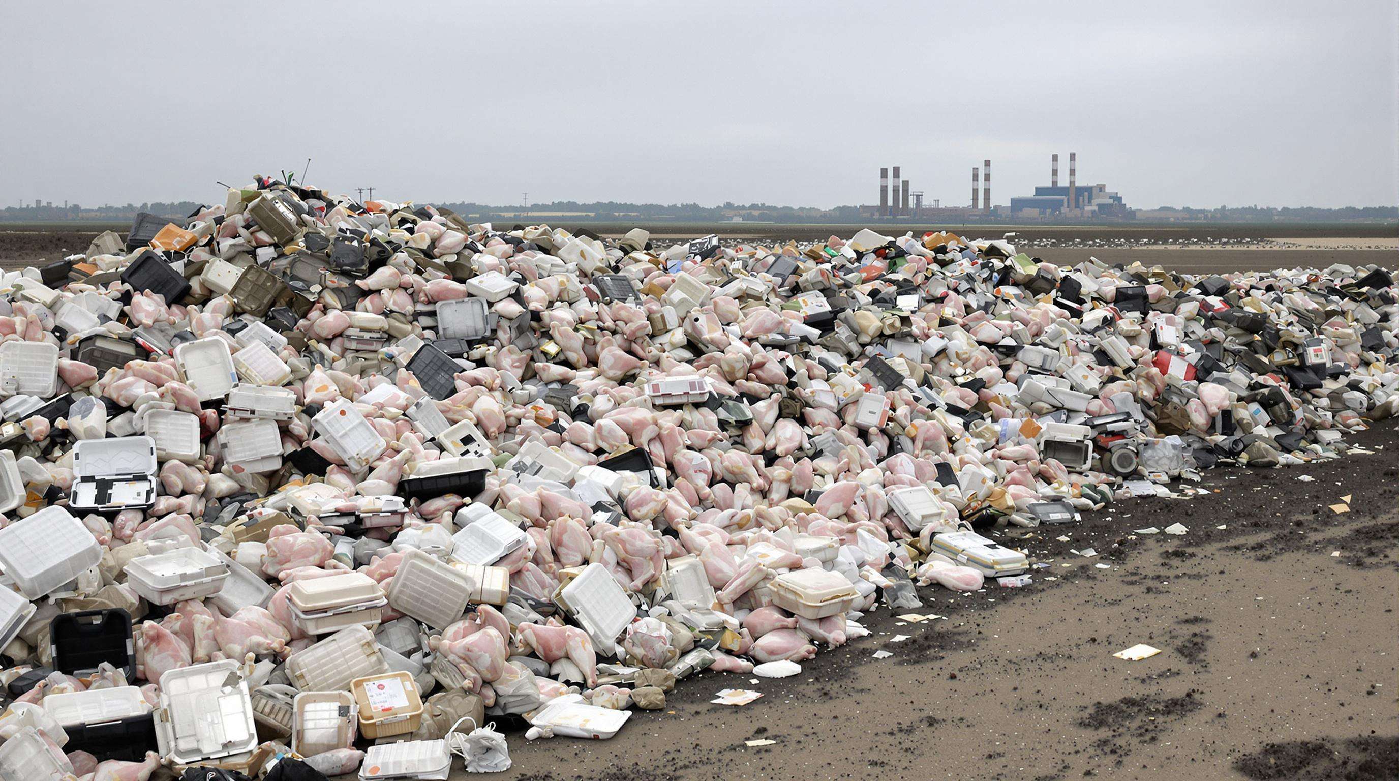 Piles of discarded chicken packaging in a landfill, highlighting environmental pollution