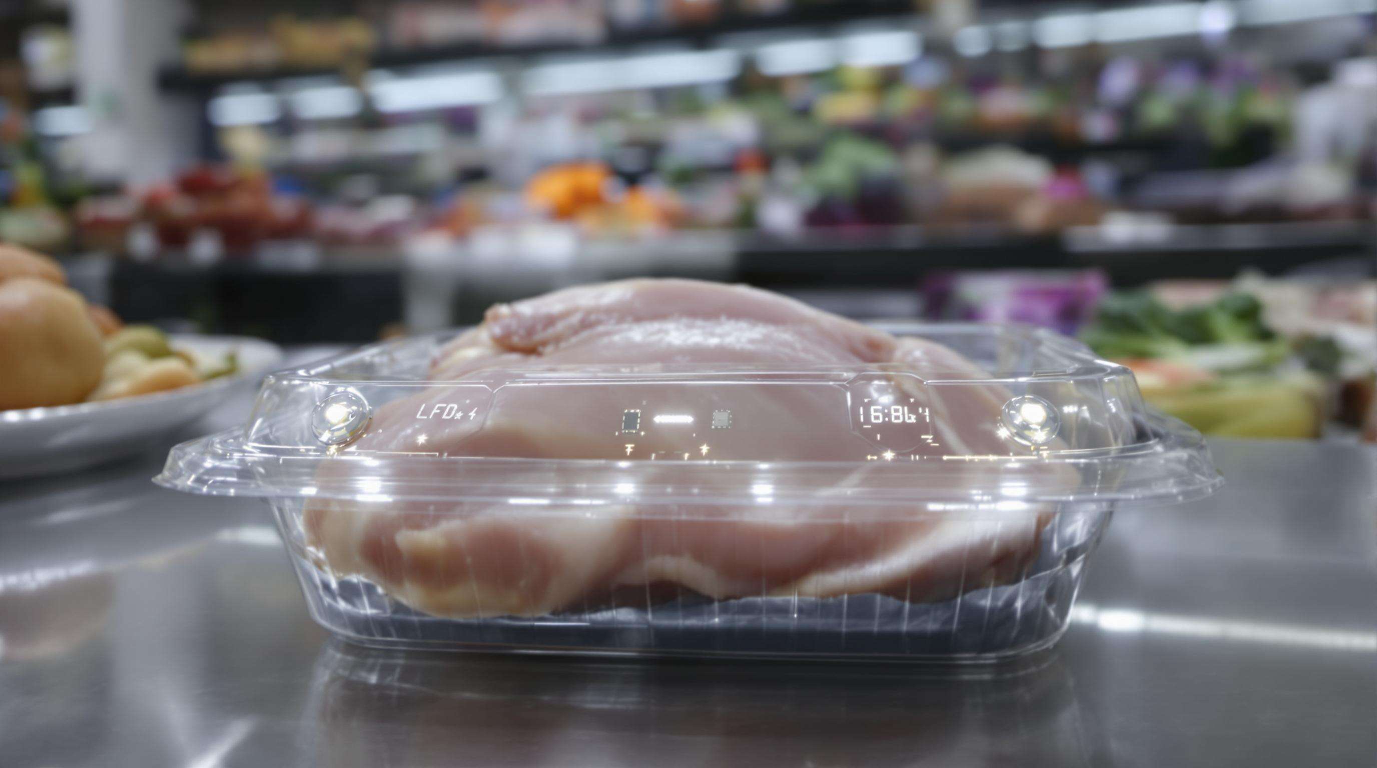 Close-up of chicken in smart packaging with embedded freshness sensors and subtle indicators